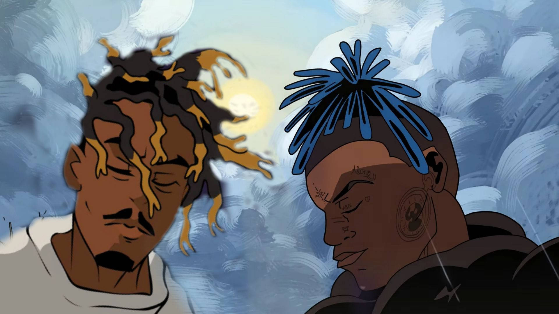 Juice Wrld Cartoon 桌布 壁紙 — 兩個插圖中的男士擁有充滿活力的髮型，在雲層密佈的天空中凝視著發光的太陽。