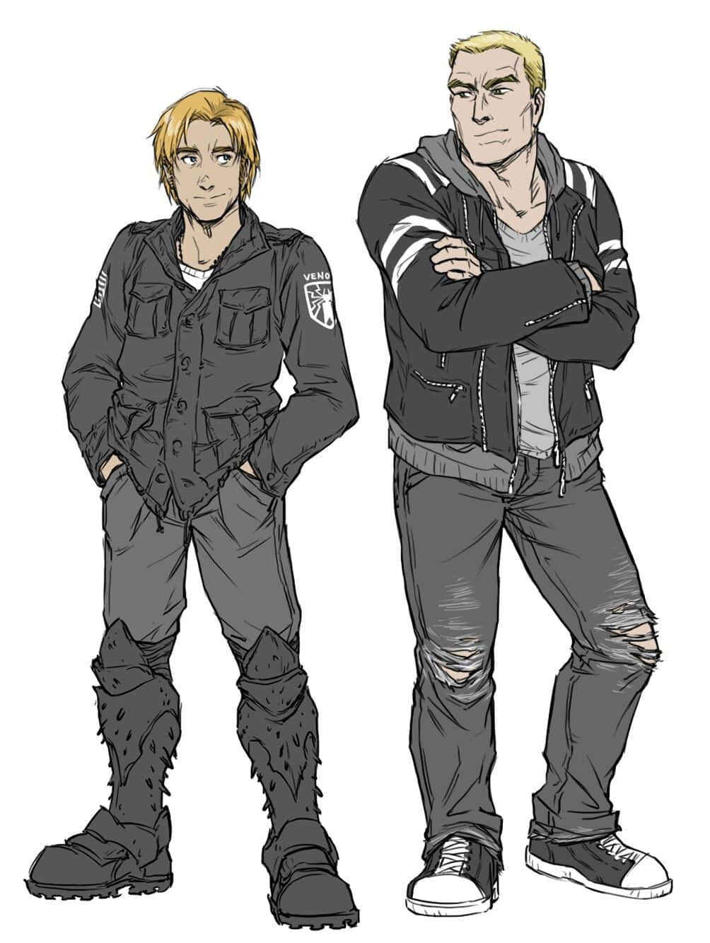 Flash Thompson 桌布 壁紙 — 兩個插圖中的男子穿著休閒戰鬥裝備，自信地站在純白色背景前。