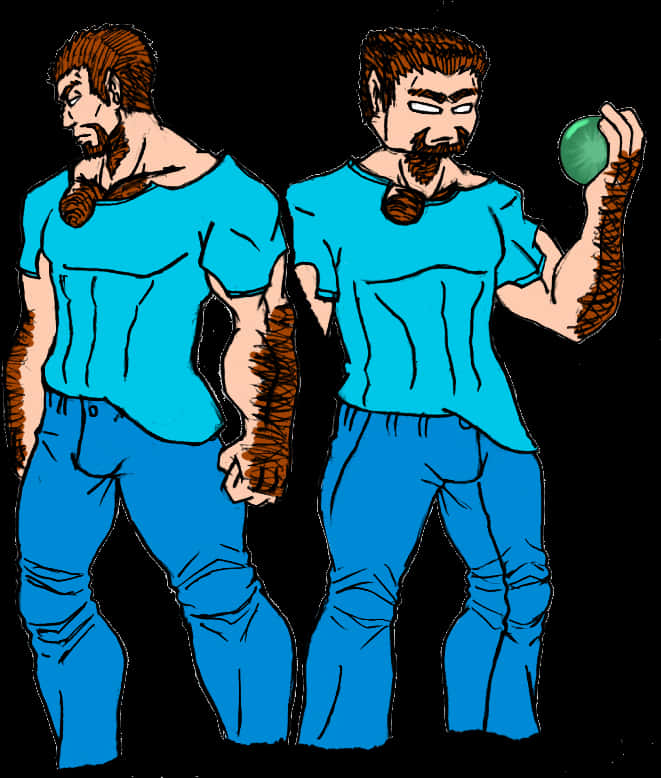 Minecraft Character 桌布 壁紙 — 兩個插圖中的肌肉男穿著藍色服裝，其中一個在黑色背景前拿著一個綠色球。