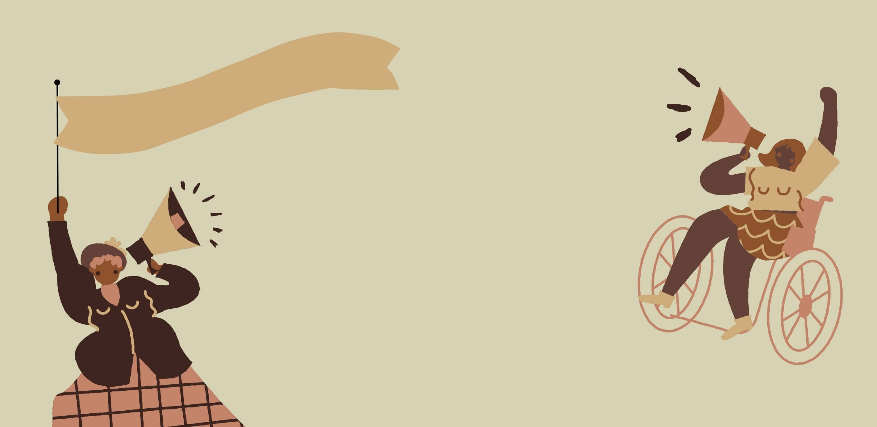 2960x1440 桌布 壁紙 — 兩個插圖人物，一個坐在輪椅上，一個站立，都拿著擴音器並揮舞橫幅，背景為米色。