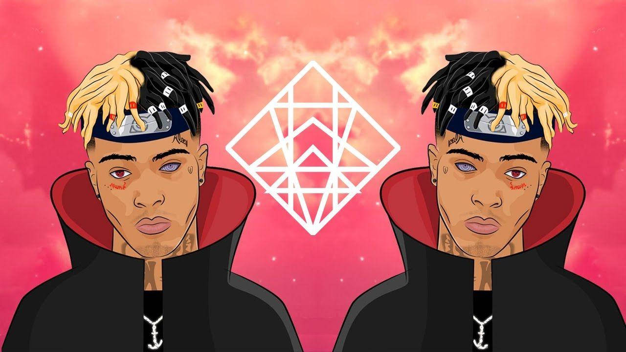 Xxxtentacion Cartoon 桌布 壁紙 — 兩個插圖人物，金色辮子，黑色斗篷，對稱地站在粉紅色宇宙天空前，帶有白色幾何符號。