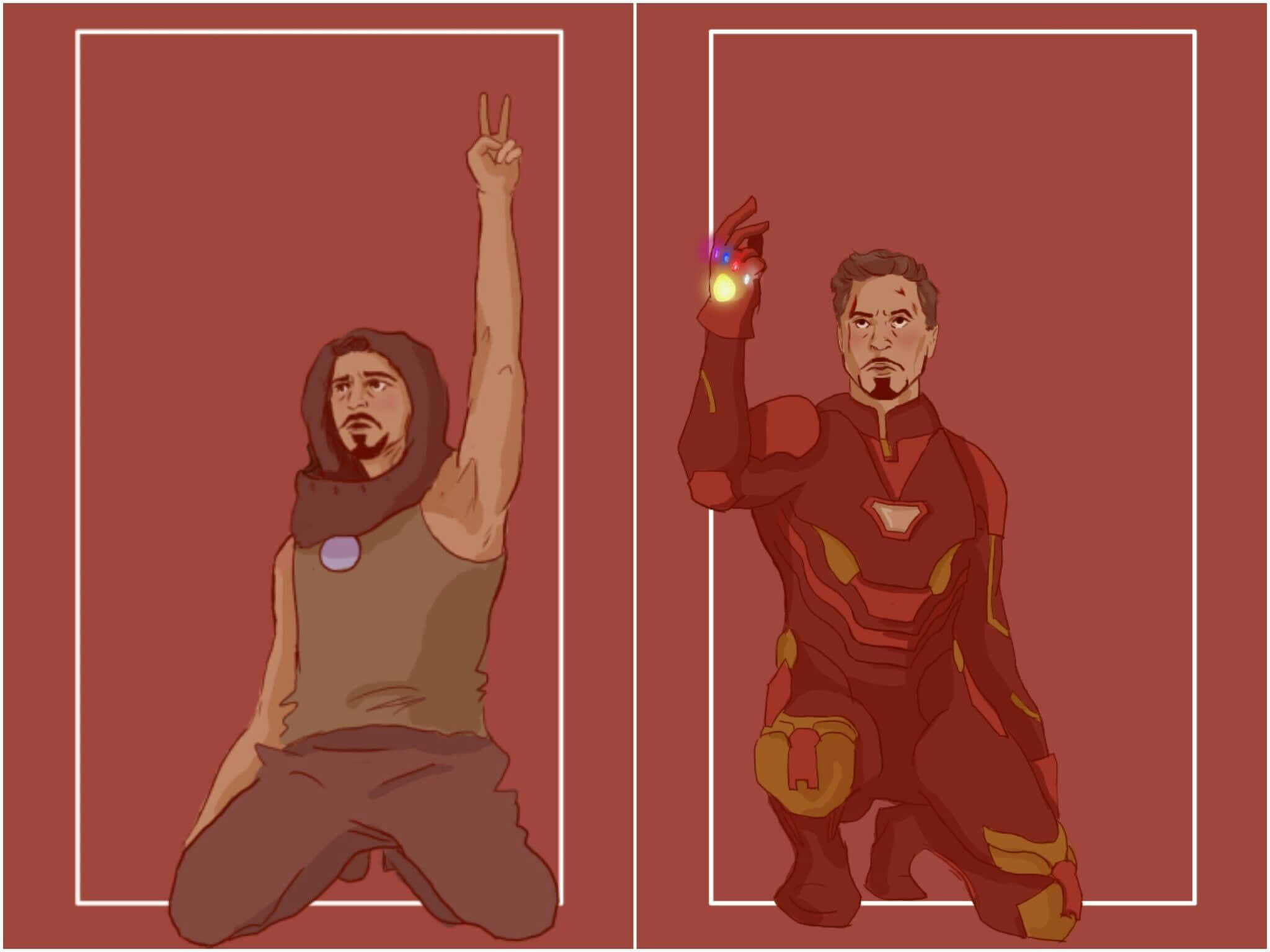 Iron Man Fan Art 桌布 壁紙 — 兩個插圖人物並排跪下，一個穿連帽衫比和平手勢，另一個穿鋼鐵人套裝拿著發光手套，背景為紅色。
