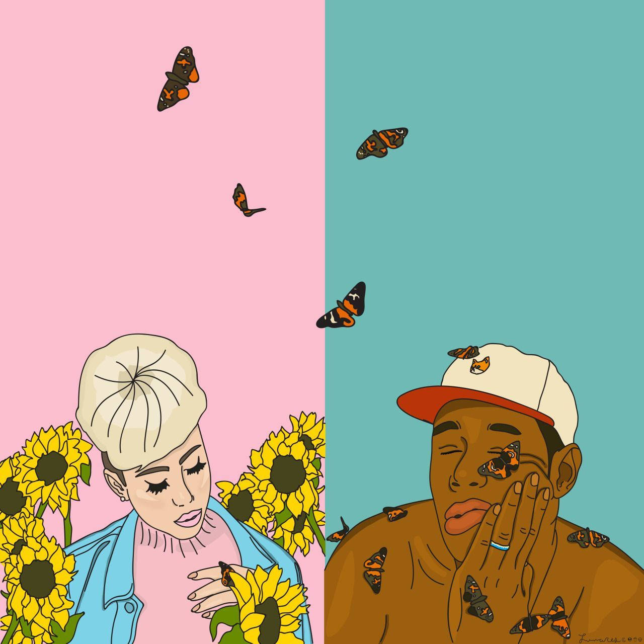 tyler 桌布 壁紙 — 兩個插圖人物坐在對比的粉紅色和藍綠色半邊，周圍環繞著向日葵和帝王斑蝶。