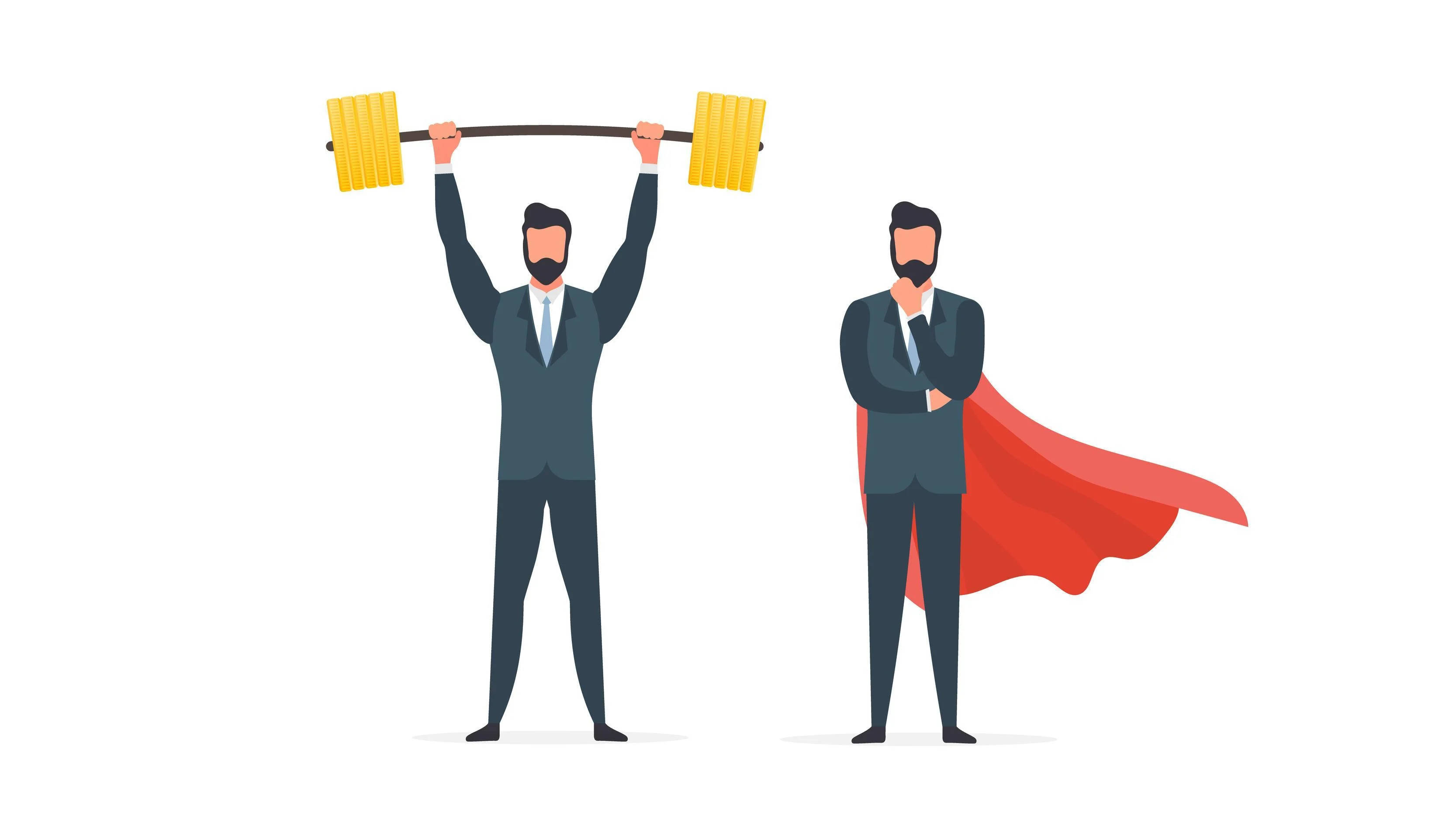 Barbell 桌布 壁紙 — 兩個插圖商人，一個舉起槓鈴，另一個以紅色斗篷擺出超級英雄姿勢。
