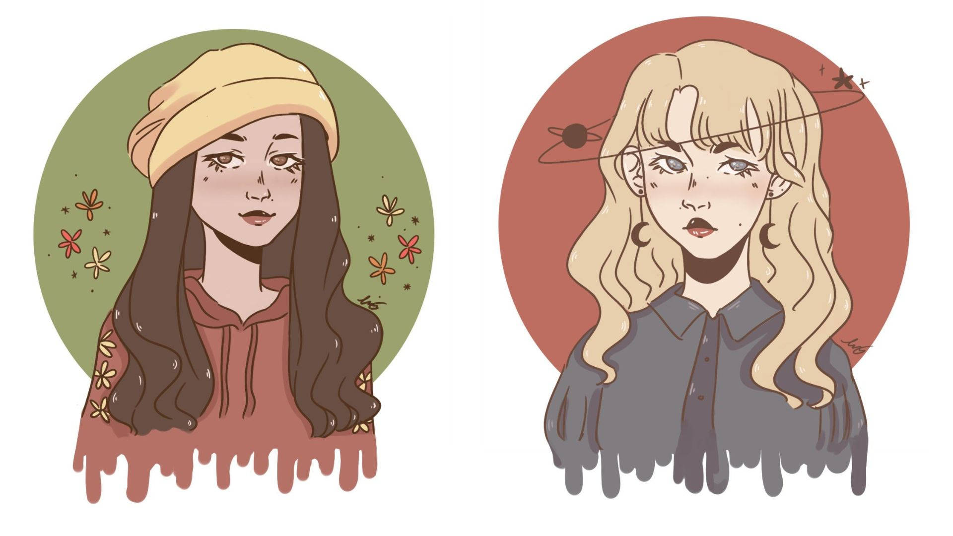 Profile 桌布 壁紙 — 兩個插圖女孩，衣服滴水，一個在綠色圓圈內有花朵，另一個在紅色圓圈內有星星。