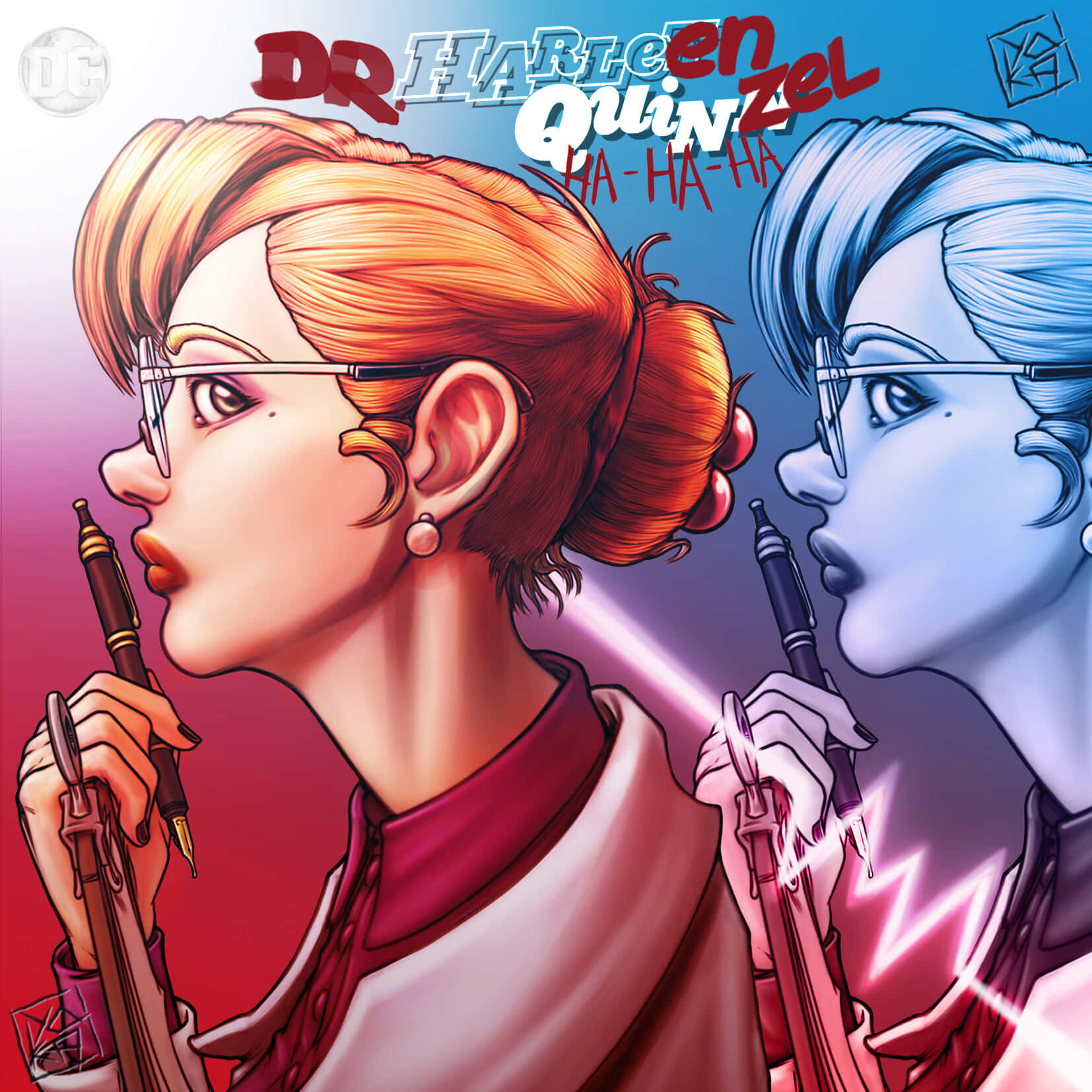 Harleen Quinzel 桌布 壁紙 — 兩個插圖女性側面，一個紅髮一個藍髮，都拿著筆，背景是鮮豔的漸變色。