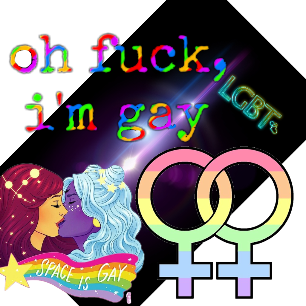 女同志 桌布 壁紙 — 兩個插圖女性在彩虹文字「oh fuck i'm gay」下接吻，帶有LGBT符號和「space is gay」橫幅。