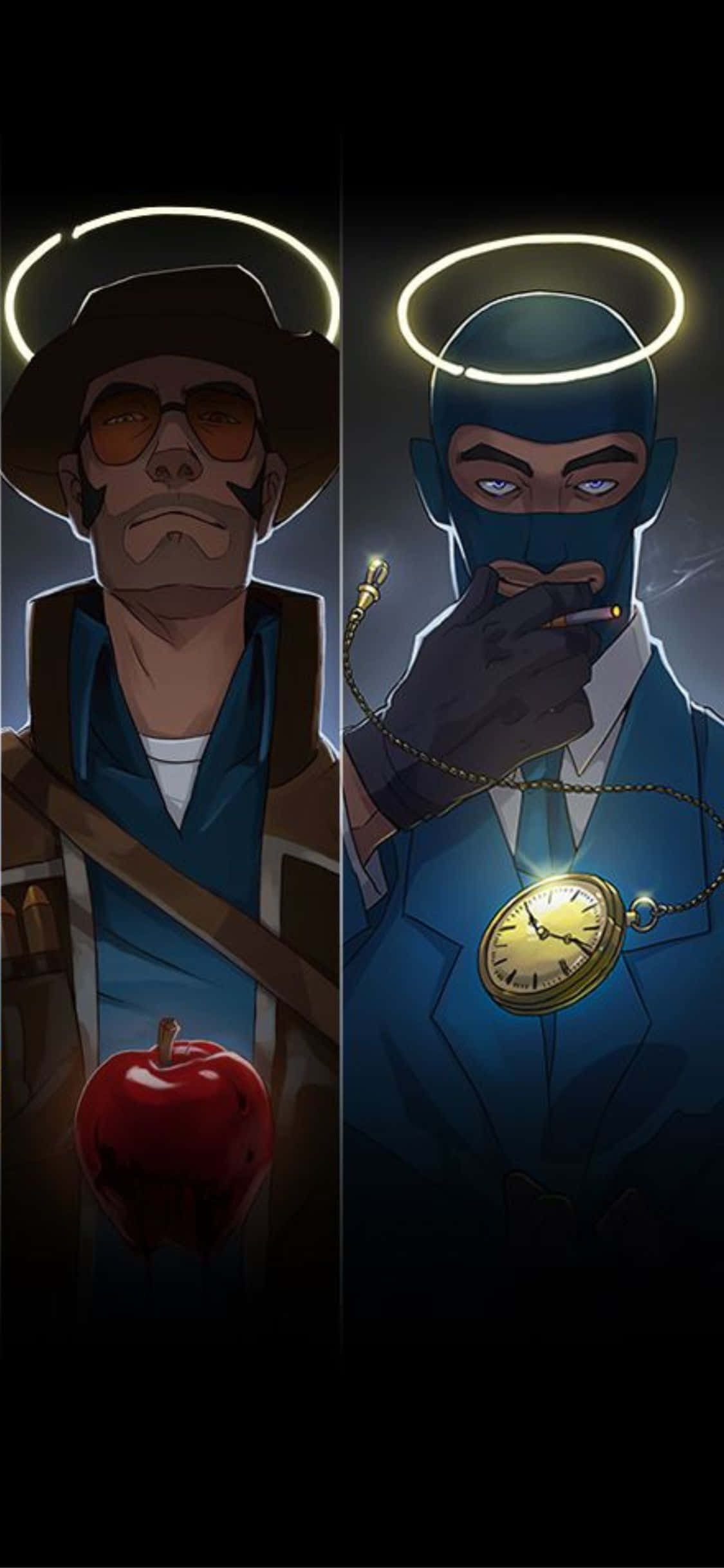 電玩遊戲 桌布 壁紙 — 兩個插圖男子，帶有發光光環，一個拿著紅蘋果，另一個抽煙並帶著懷錶