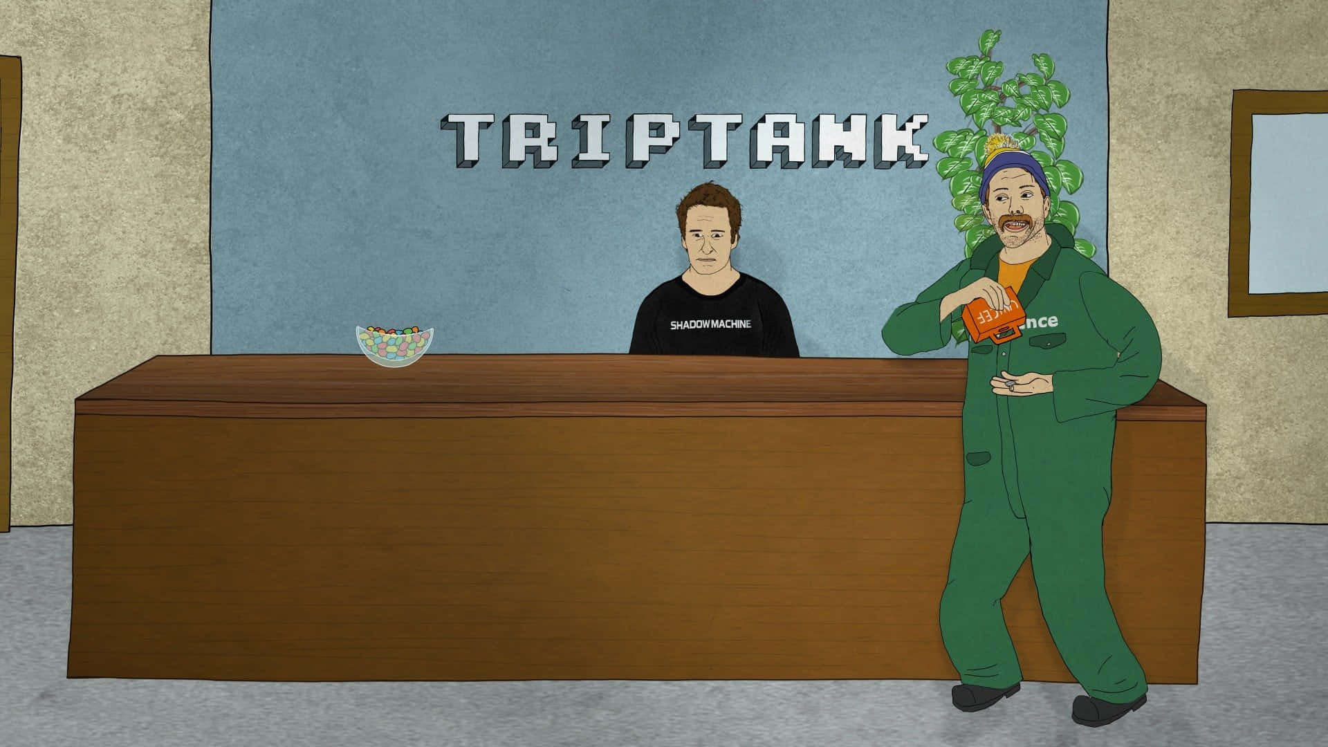動畫 桌布 壁紙 — 兩個插圖男子站在一個有藍色牆壁和「TRIPTANK」標誌的房間裡的木製櫃檯後面和旁邊。