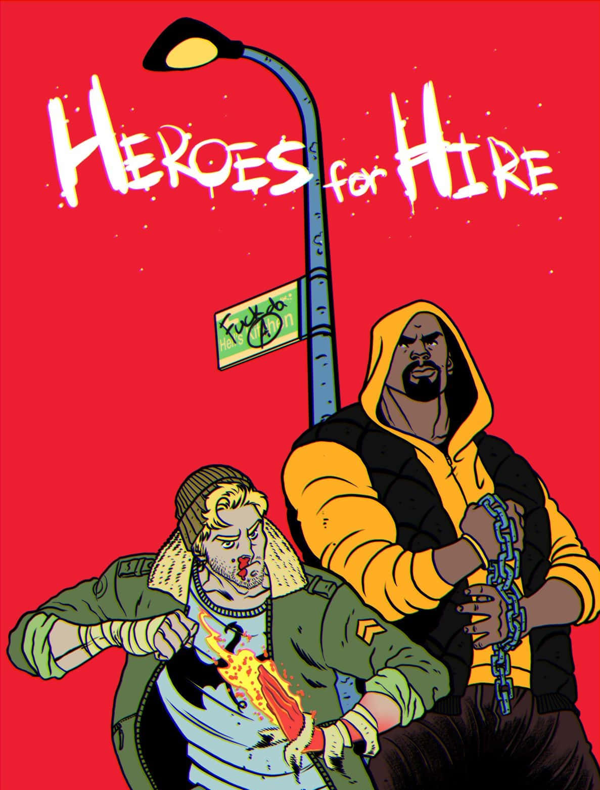 Heroes For Hire 桌布 壁紙 — 兩個插圖男子站在街燈下，一個手持火焰鏈條，另一個滿口鮮血，背景為鮮紅色。