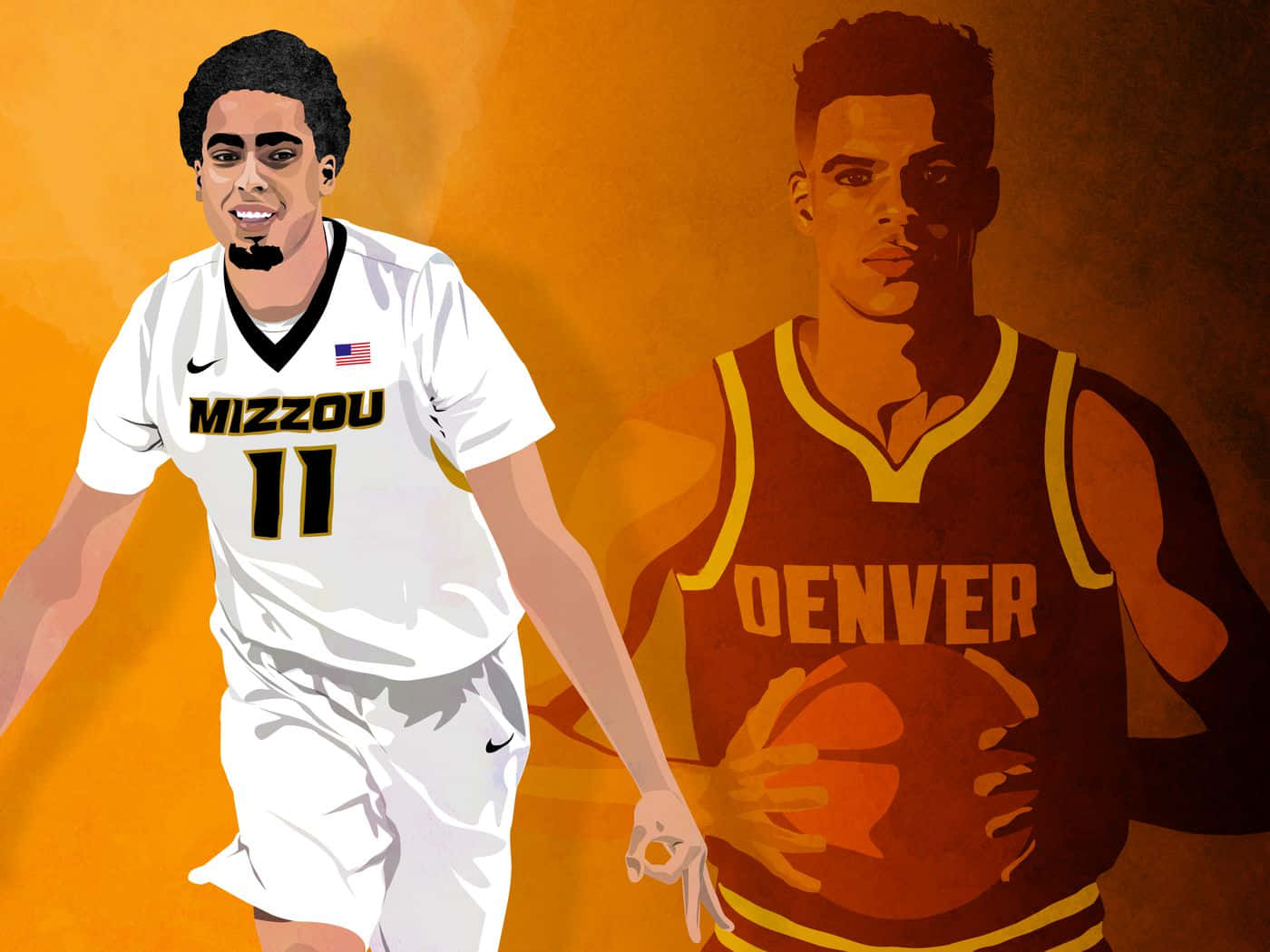 兩個穿著Mizzou和Denver球衣的插圖籃球運動員，橙色背景。 — NBA 壁紙