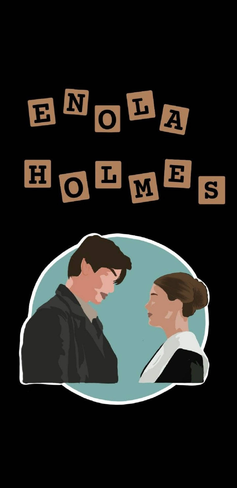 Enola Holmes 桌布 壁紙 — 兩個插圖角色在黑色背景上以粗體字「ENOLA HOLMES」標題下互相面對。