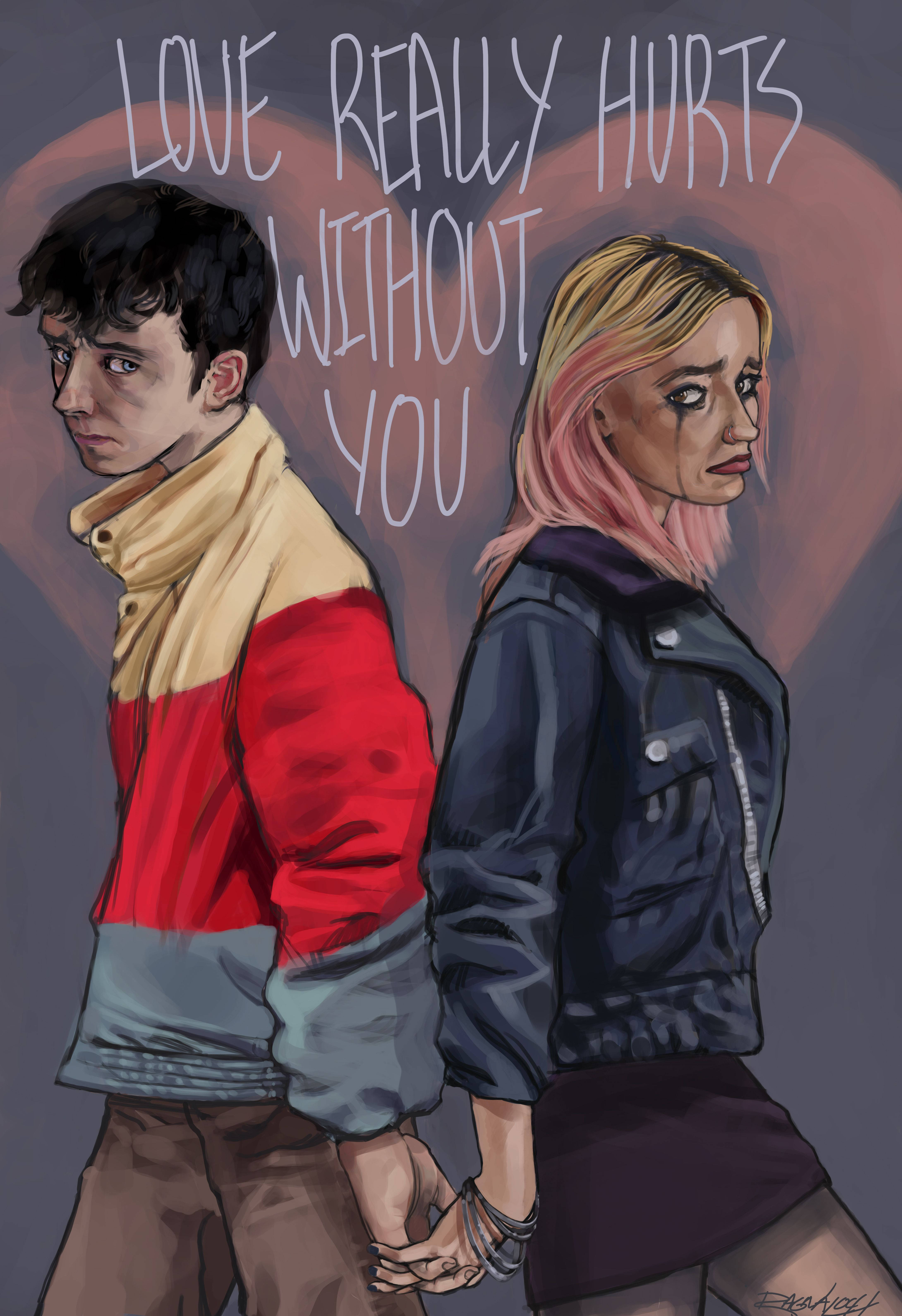 maeve wiley 桌布 壁紙 — 兩個插圖青少年背對背牽手，下方有文字「LOVE REALLY HURTS WITHOUT YOU」，背景為褪色的心形。