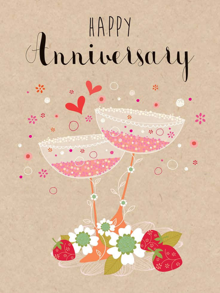Anniversary 桌布 壁紙 — 兩個插圖香檳杯裝滿粉紅色五彩紙屑和草莓配白花，在紋理米色紙上慶祝快樂的週年紀念日。
