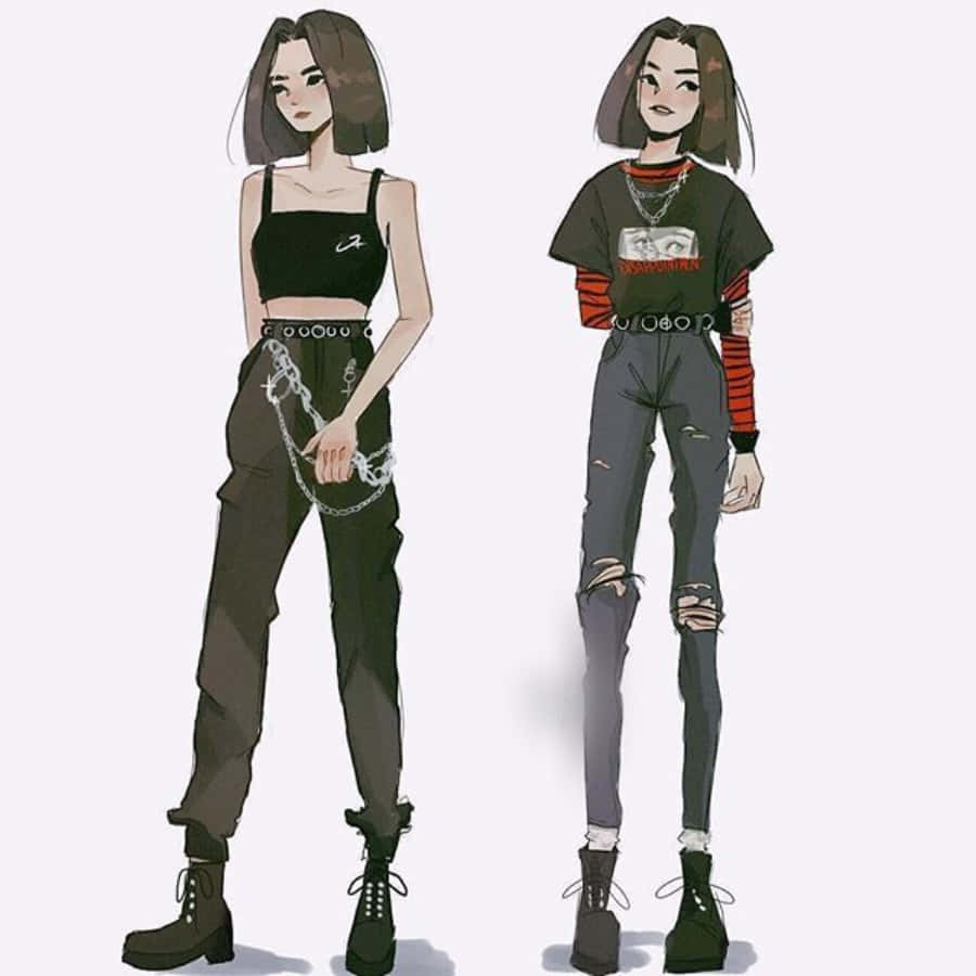 藝術 桌布 壁紙 — 兩個插畫風格的女孩穿著前衛街頭服飾，並排站在純色背景前。