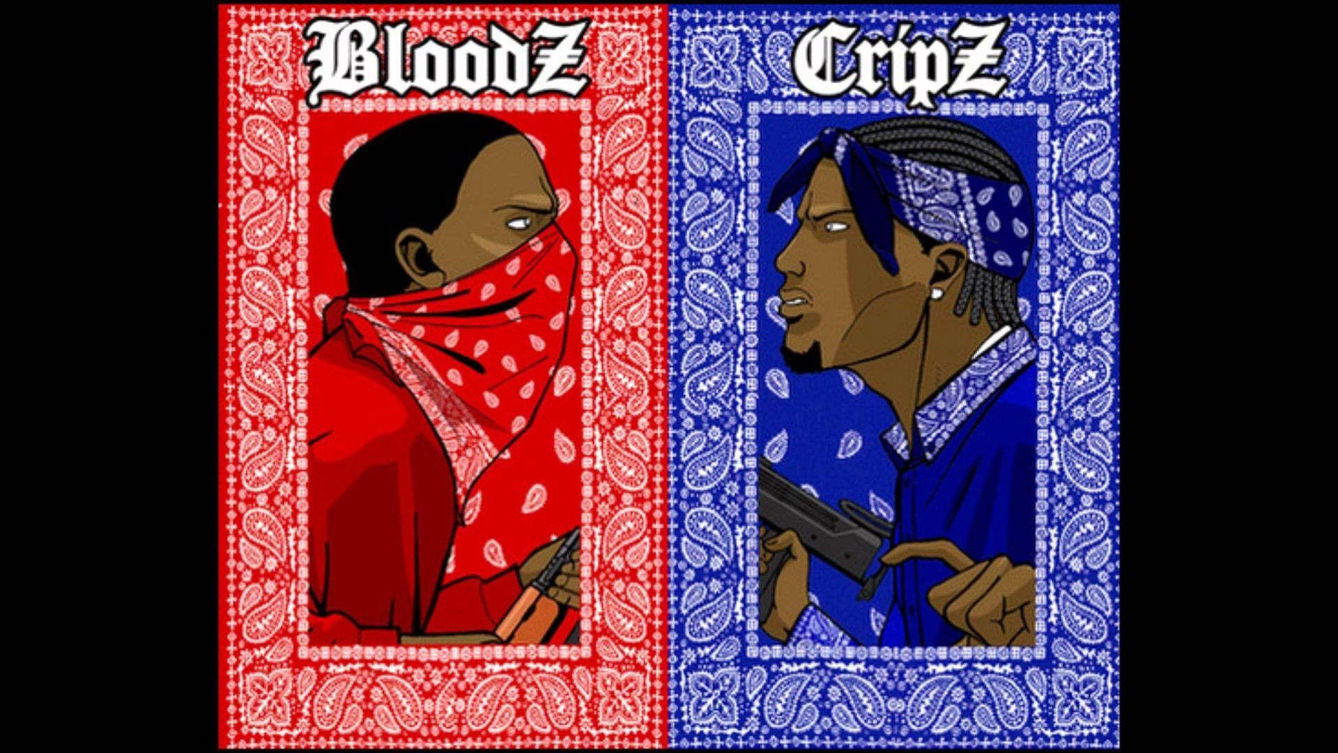 Crip 桌布 壁紙 — 兩個插畫風格的幫派成員面對面，一個戴紅色頭巾標有Bloodz，另一個戴藍色頭巾標有Cripz，兩人都手持槍支。