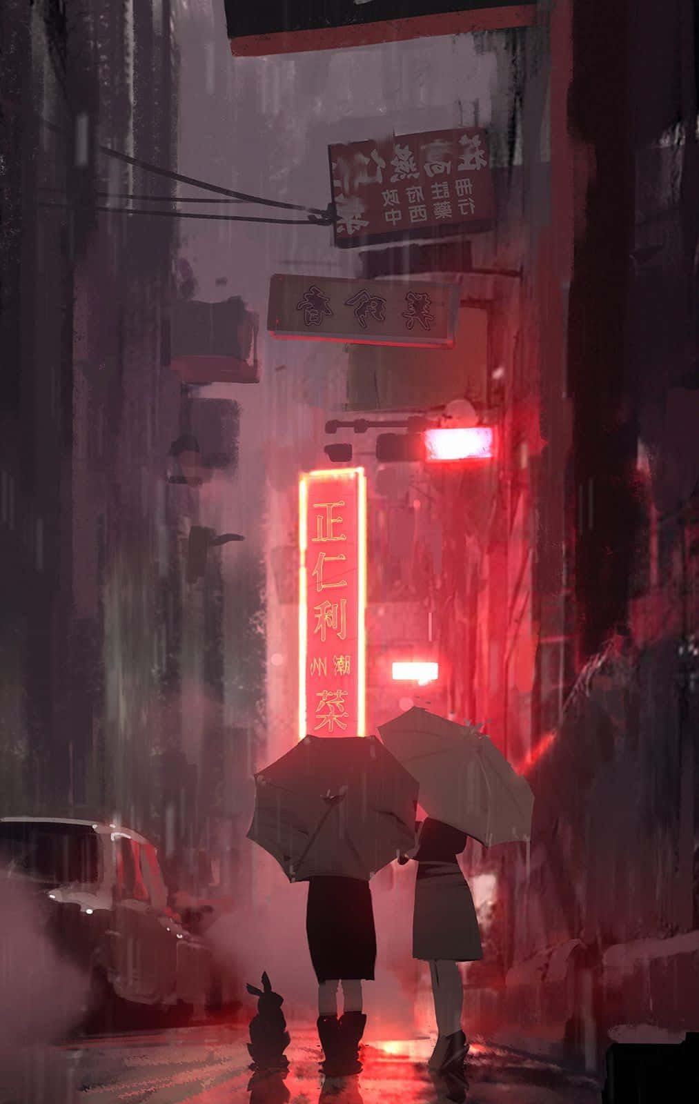 動漫 桌布 壁紙 — 兩個撐著雨傘的身影在夜晚沿著濕漉漉的霓虹燈小巷行走，發光的紅色招牌在潮濕的路面上反射出倒影。