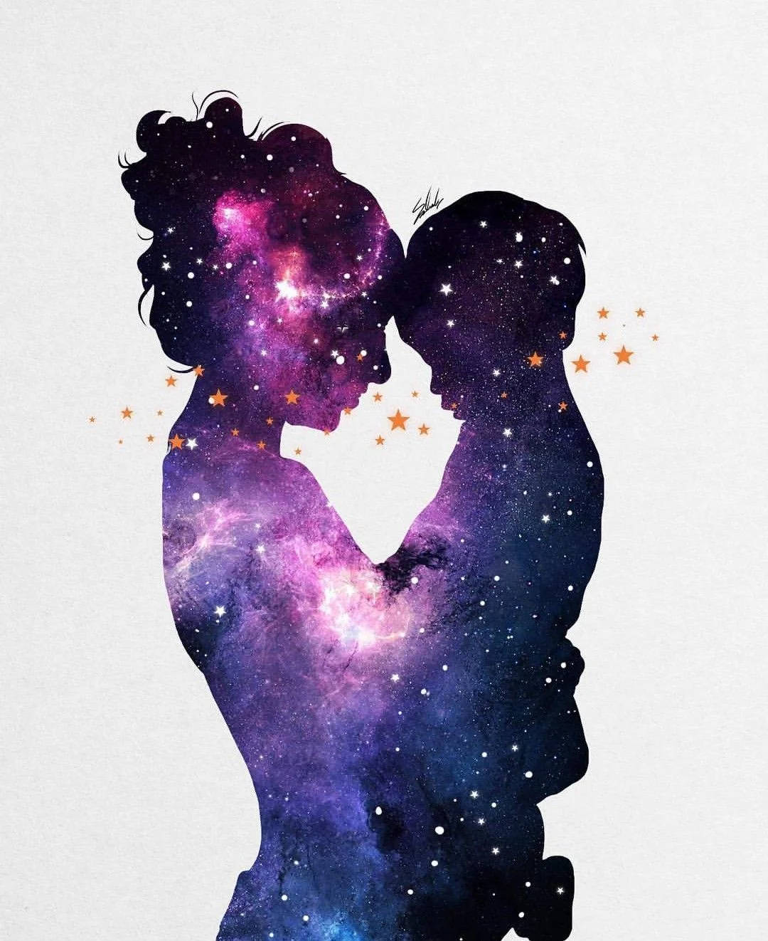 銀河 桌布 壁紙 — 兩個擁抱的人物剪影，充滿了充滿活力的宇宙星雲和發光的星星，背景是柔和的白色。