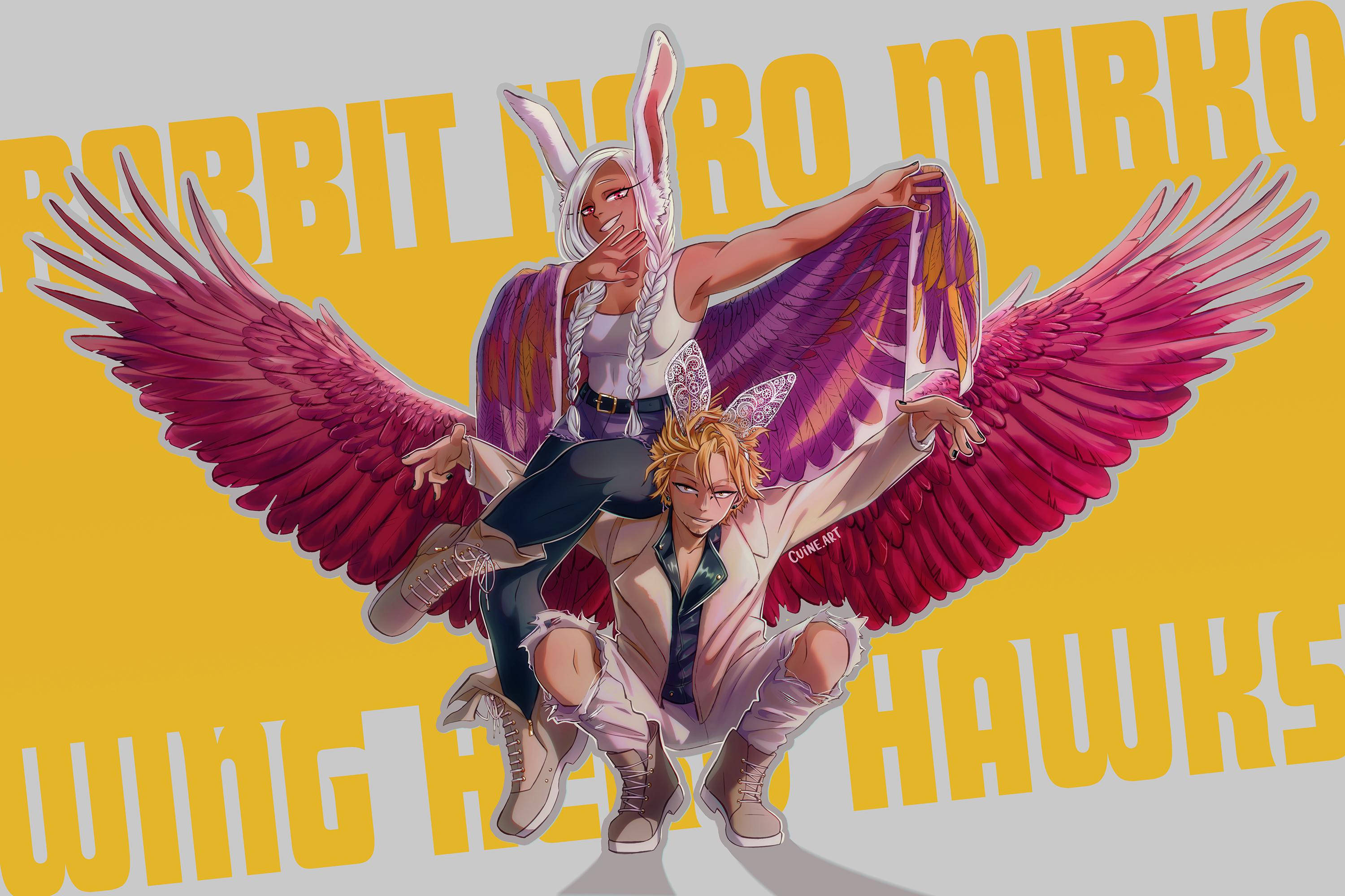 Hawks My Hero Academia 桌布 壁紙 — 兩個擁有兔耳和大型粉紅色翅膀的動漫角色，在帶有文字的鮮黃色背景上動態擺姿勢。