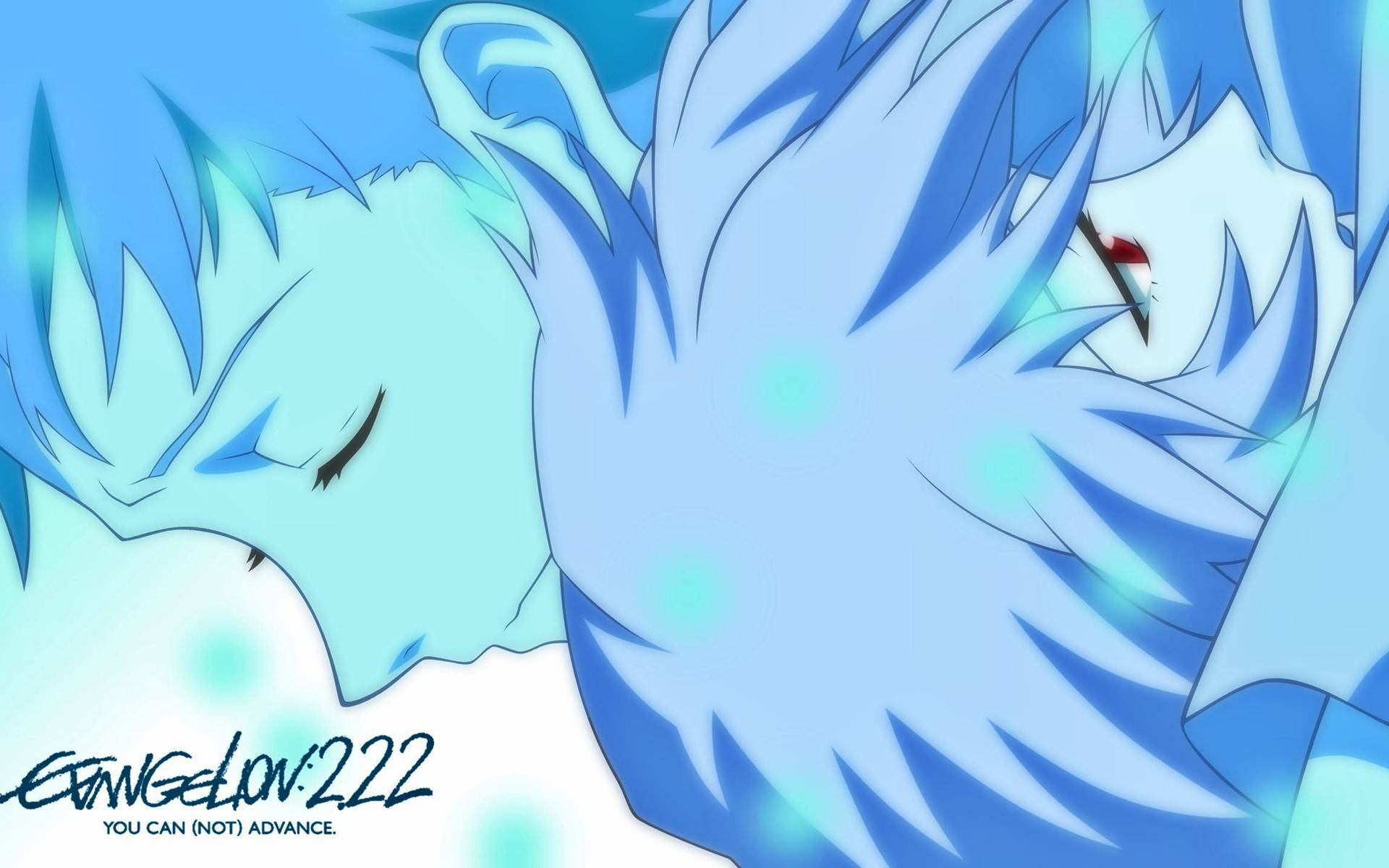 rei ayanami 桌布 壁紙 — 兩個擁有尖刺藍色頭髮的動漫角色在柔和發光的藍色燈光下緊靠在一起休息。