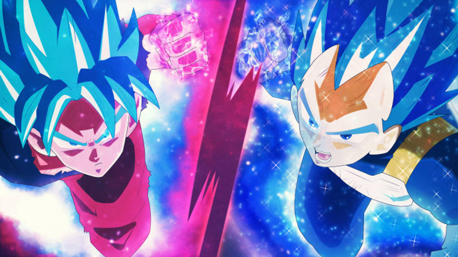 Vegeta 桌布 壁紙 — 兩個擁有尖刺頭髮的動漫戰士在宇宙戰鬥中碰撞，拳頭在星雲背景下閃耀著能量。