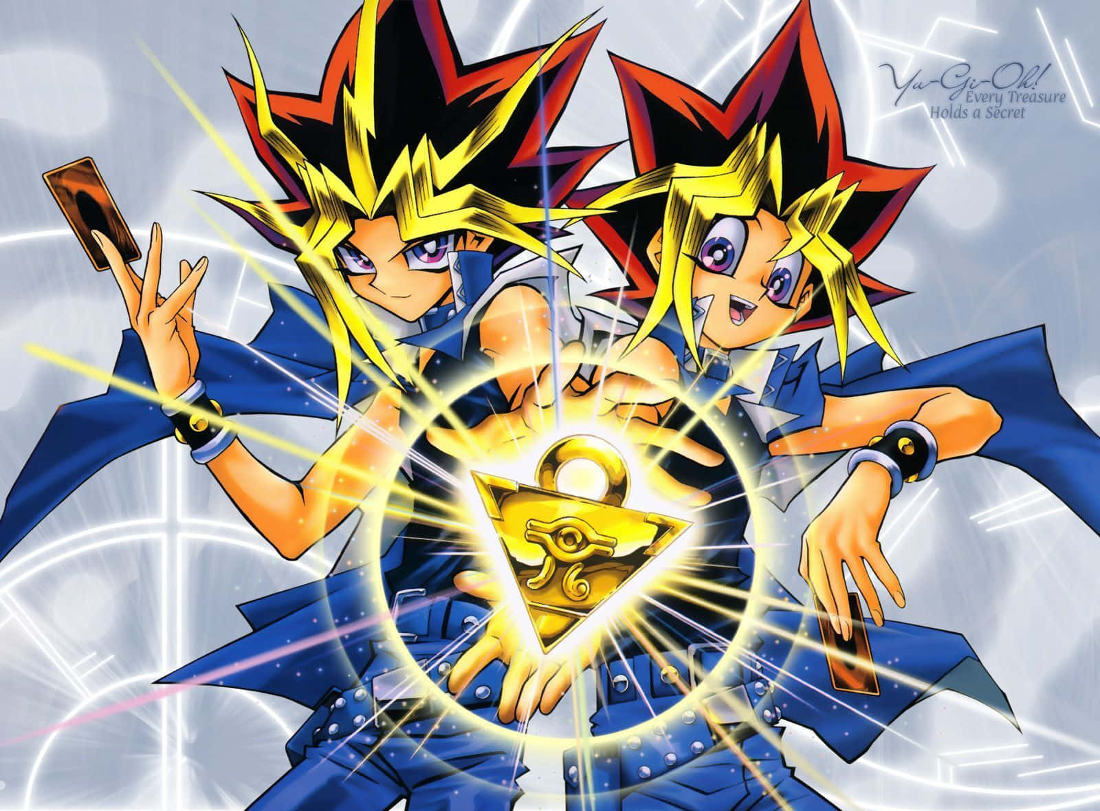 Yugi Muto 桌布 壁紙 — 兩個擁有尖刺頭髮的動漫角色正在一個發光的埃及神器周圍引導金色能量。