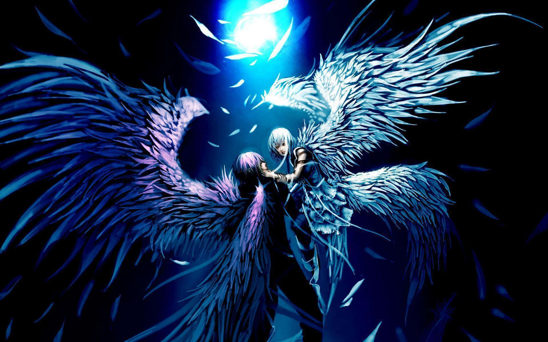 angels 桌布 壁紙 — 兩個擁有巨大羽毛翅膀的動漫天使在黑暗天空中發光的藍色月亮下擁抱。