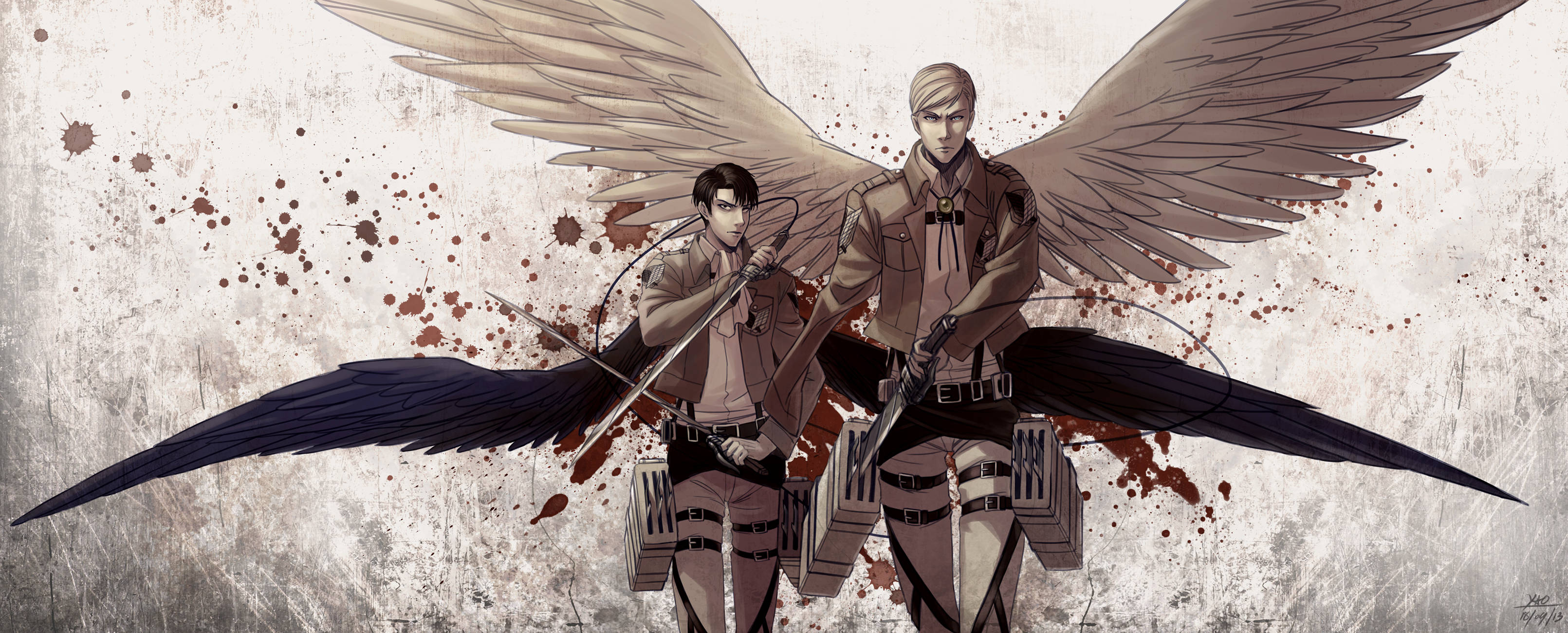 Erwin 桌布 壁紙 — 兩個擁有巨大翅膀和裝備的動漫戰士站在濺滿鮮血的牆前，血滴在他們周圍飛舞。