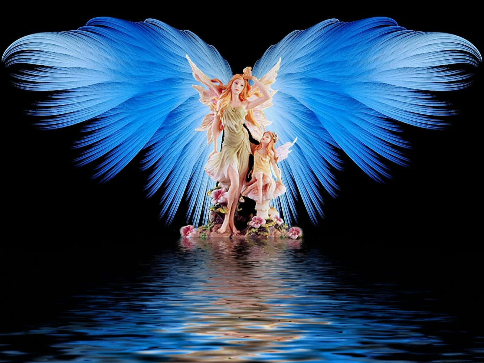 Angel Wings 桌布 壁紙 — 兩個擁有巨大藍色翅膀的精靈站在一個漂浮在黑暗水面上的花卉基座上，背景為黑色。