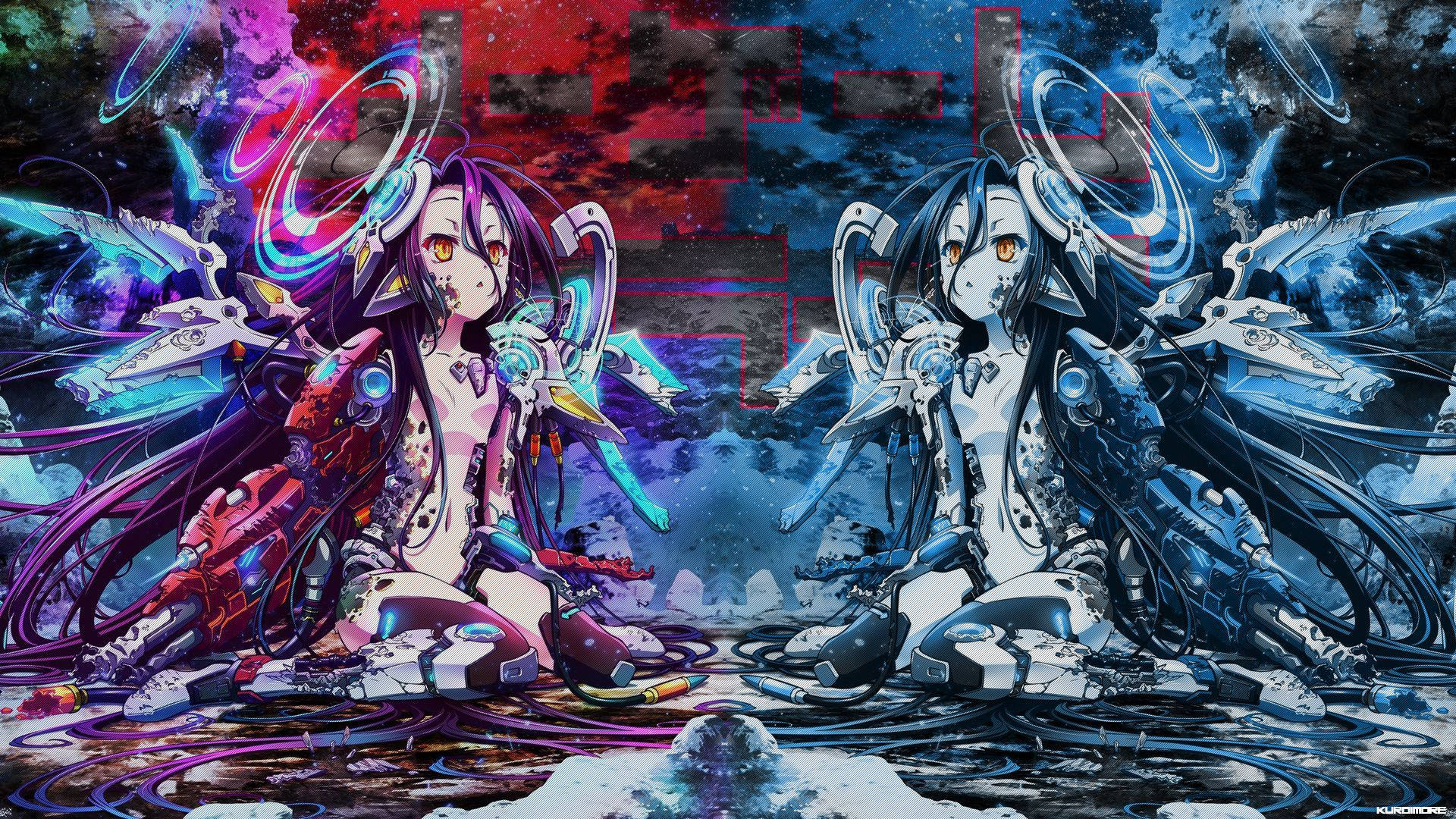 game 桌布 壁紙 — 兩個擁有機械翼和發光眼睛的動漫女孩坐在充滿鮮豔霓虹色彩的故障數位虛空中。