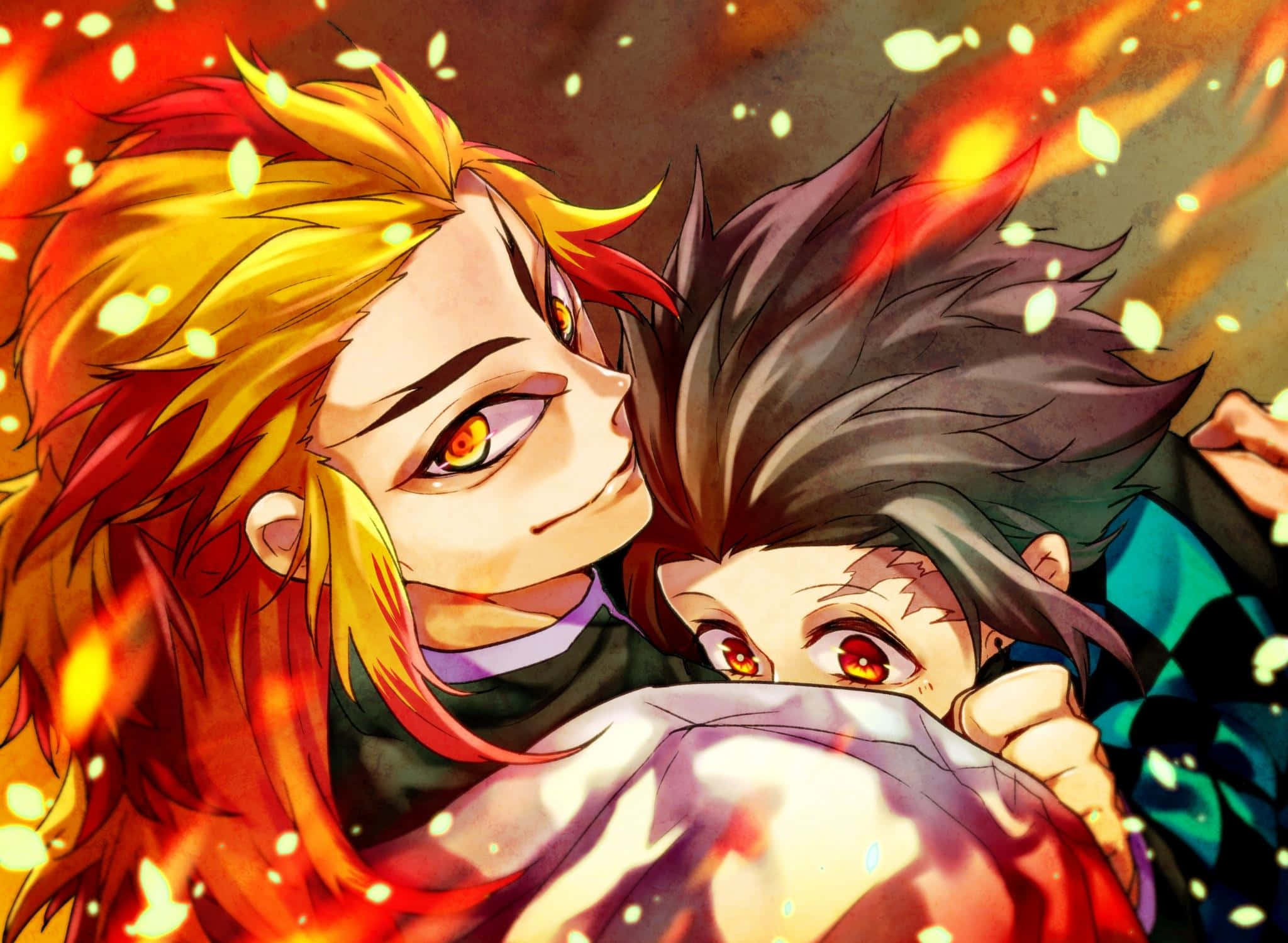 Kimetsu No Yaiba 桌布 壁紙 — 兩個擁有火焰般頭髮和發光眼睛的動漫角色，在旋轉的橙色和黃色樹葉中擁抱。