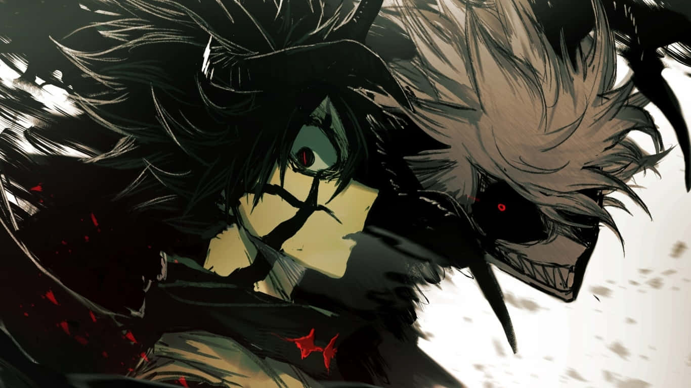 Black Clover Asta 桌布 壁紙 — 兩個擁有狂野頭髮和紅色眼睛的動漫角色在黑暗、粗獷的戰鬥場景中碰撞，血跡四濺。
