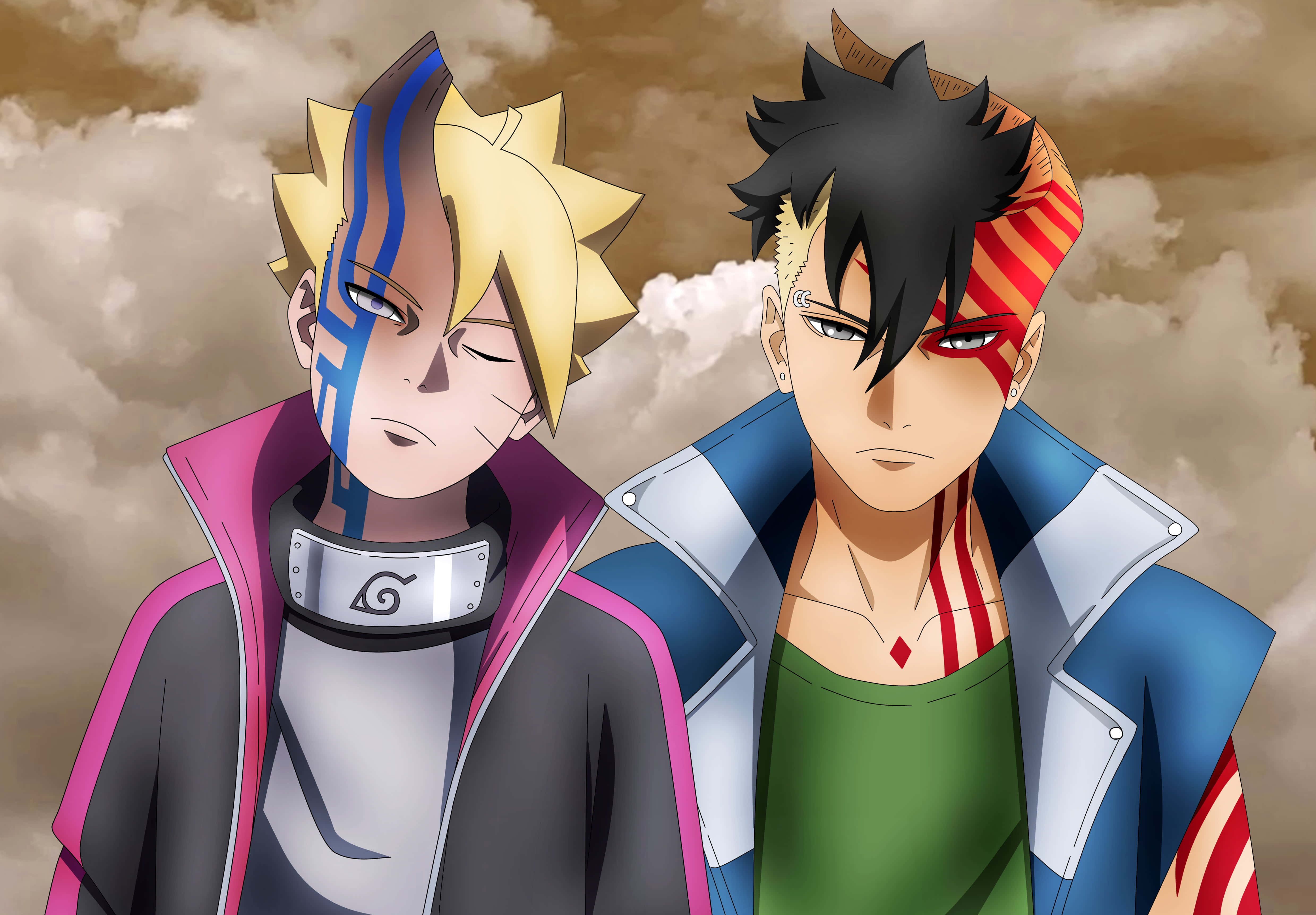 Boruto Vs Kawaki 桌布 壁紙 — 兩個擁有獨特面部標記的動漫角色並肩站在多雲的天空下。