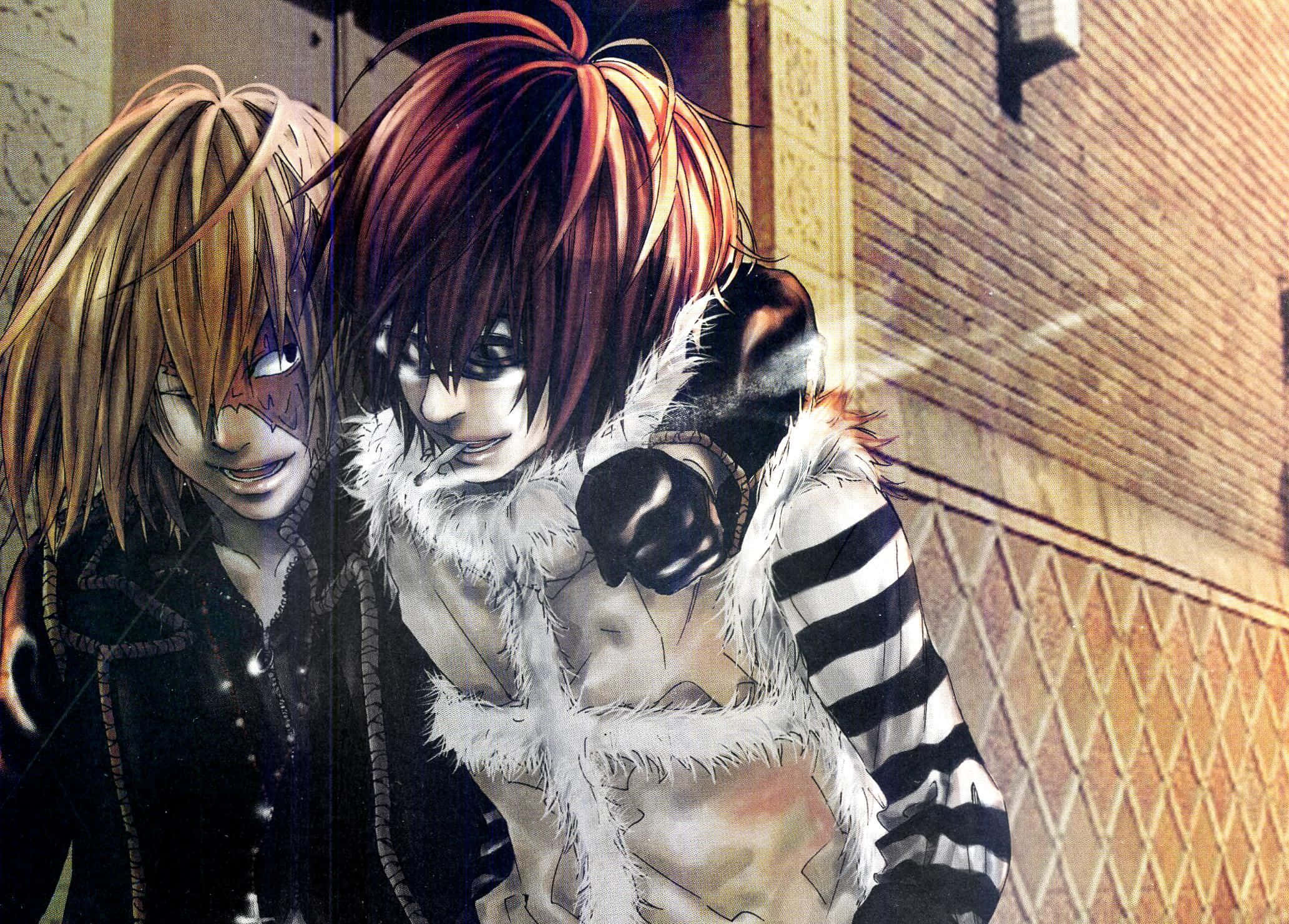 Death Note Matt 桌布 壁紙 — 兩個擁有獨特髮型和服裝的動漫角色，在昏暗的小巷中緊靠著磚牆站在一起。