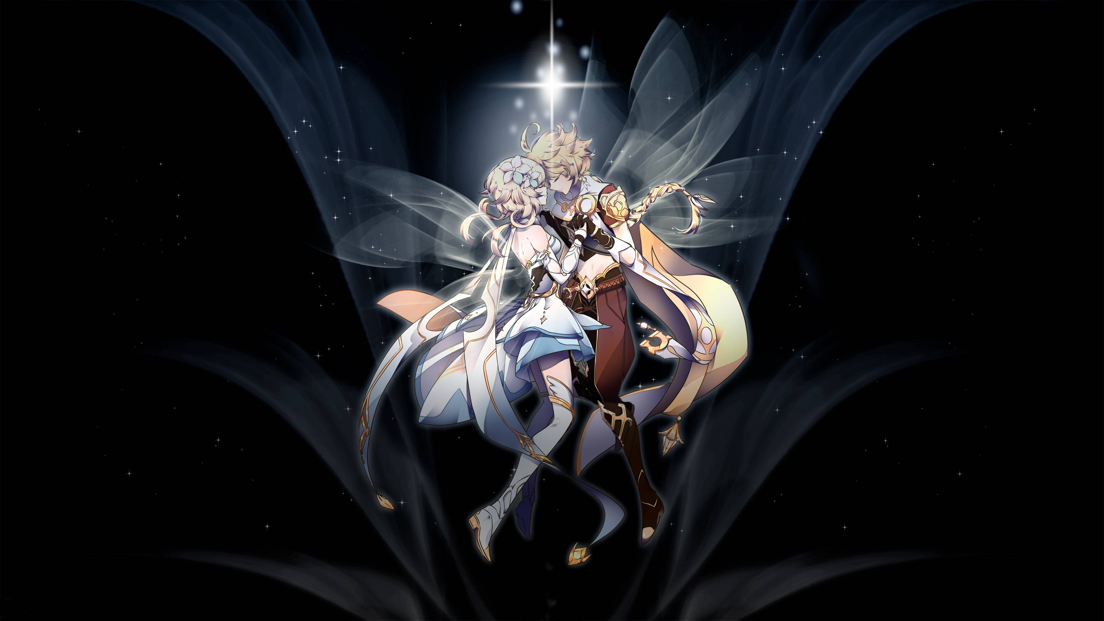 Genshin 桌布 壁紙 — 兩個擁有發光翅膀和星光的動漫角色在黑暗的宇宙背景下發光。