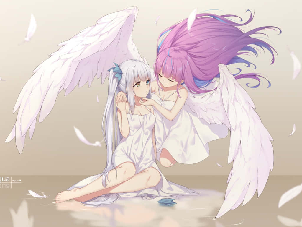 angels 桌布 壁紙 — 兩個擁有白色翅膀的動漫天使在柔和的粉彩場景中溫柔擁抱，羽毛般的花瓣在他們周圍飄舞。