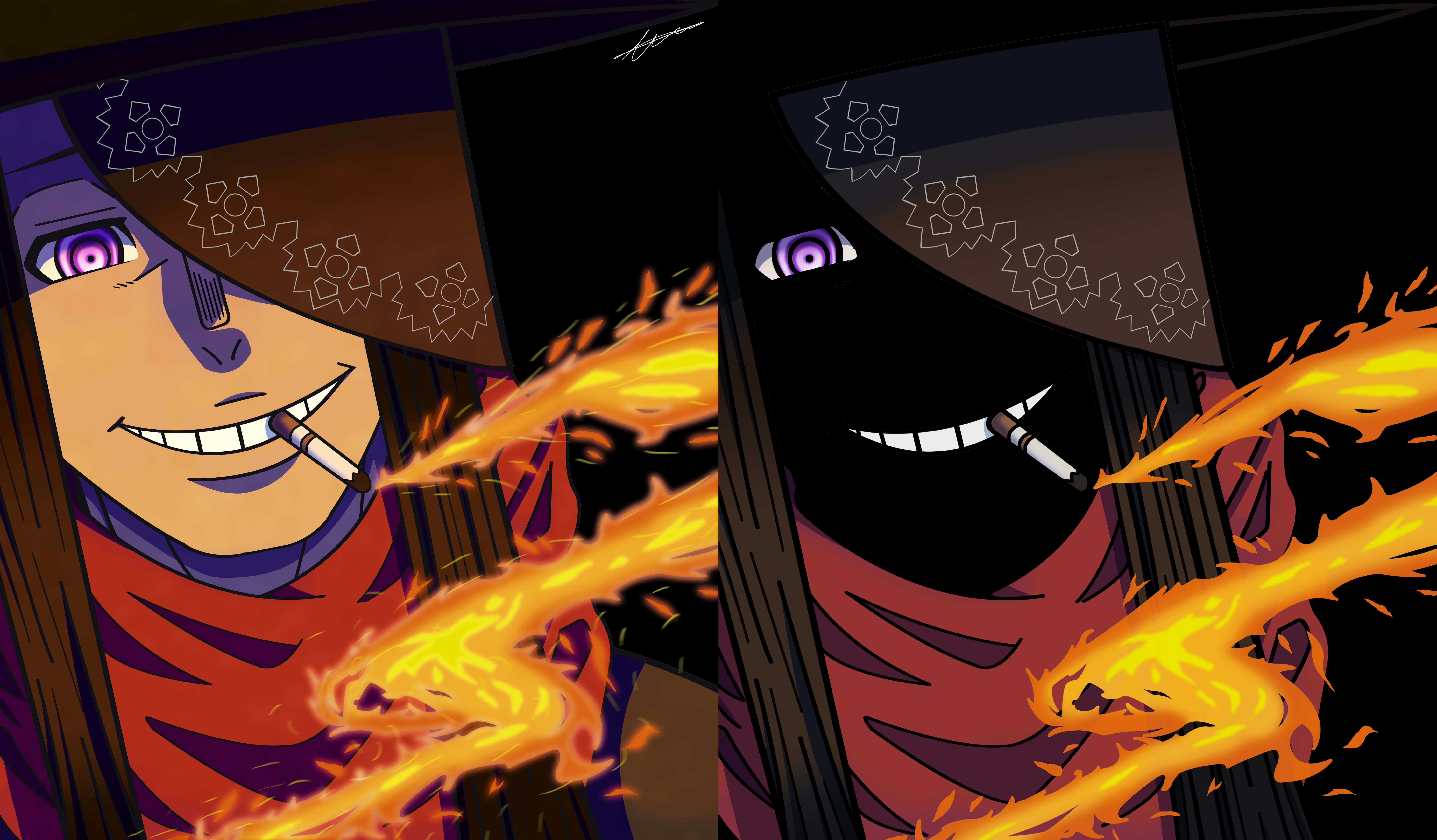 Anime Fire 桌布 壁紙 — 兩個擁有紫色眼睛和頭巾的動漫角色在黑暗而激烈的場景中呼出火焰般的氣息。