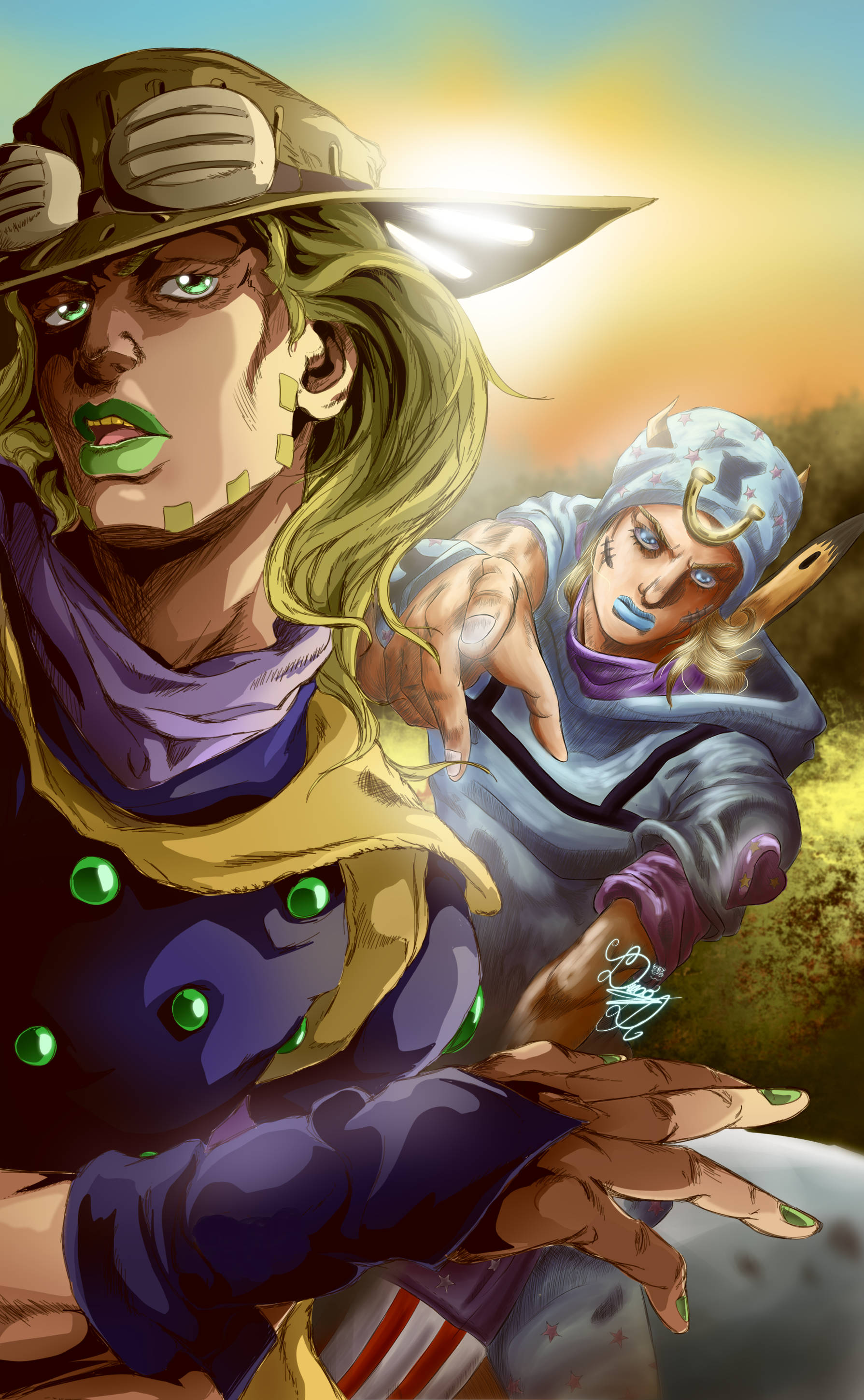 Gyro Zeppeli 桌布 壁紙 — 兩個擁有綠色眼睛和獨特服裝的動漫角色，在溫暖的日落天空下動態擺姿勢。
