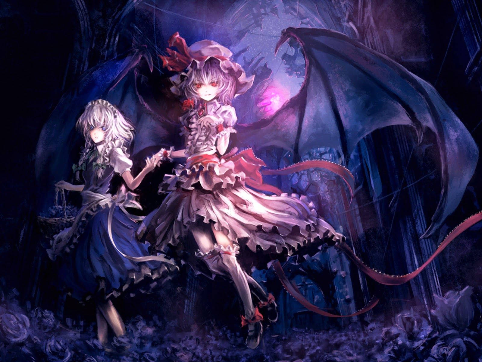 動漫惡魔 桌布 壁紙 — 兩個擁有蝙蝠翅膀和精緻連衣裙的動漫女孩站在一個被發光玫瑰包圍的黑暗哥德式廢墟中。