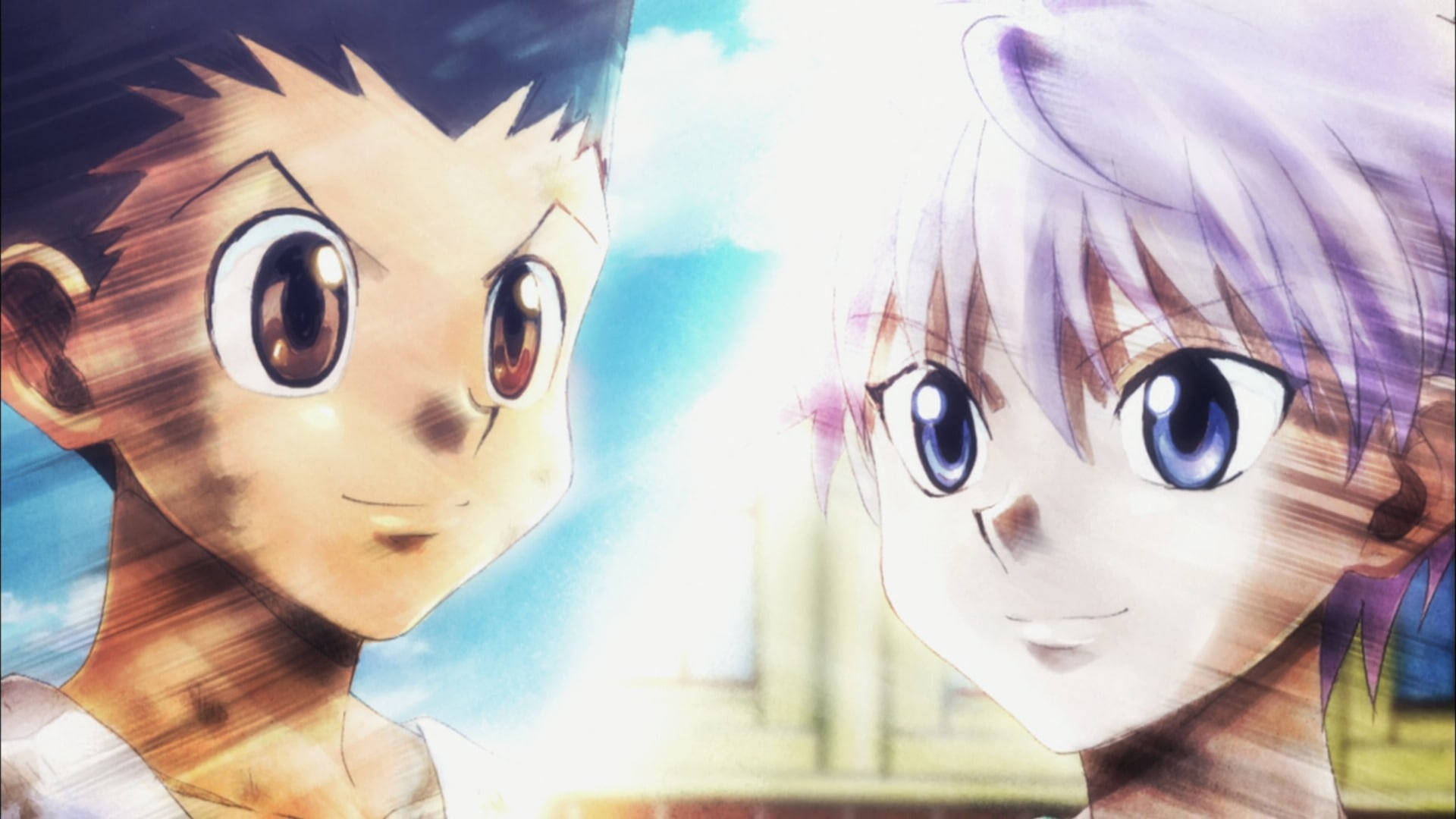 Gon And Killua 桌布 壁紙 — 兩個擁有表情豐富眼睛的動漫角色，在明亮的天空下，帶有動態模糊效果，互相凝視。