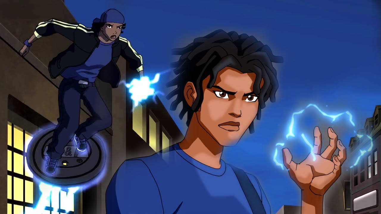 Cartoon 桌布 壁紙 — 兩個擁有電力的動畫青少年在夜間城市天際線前戲劇性地跳躍和做手勢。