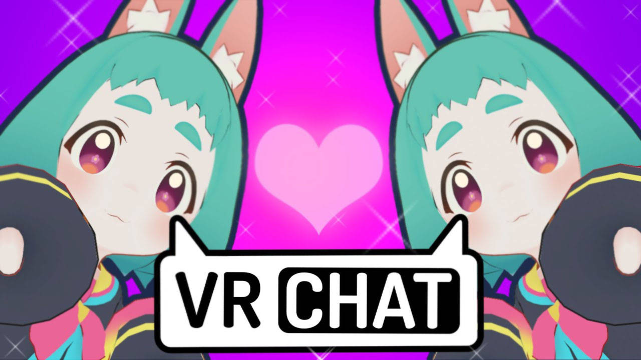 Vrchat 桌布 壁紙 — 兩個擁有青綠色頭髮和兔耳朵的動漫頭像，在閃爍的紫色背景前手持麥克風，背景上有粉紅色心形和「VR CHAT」文字。
