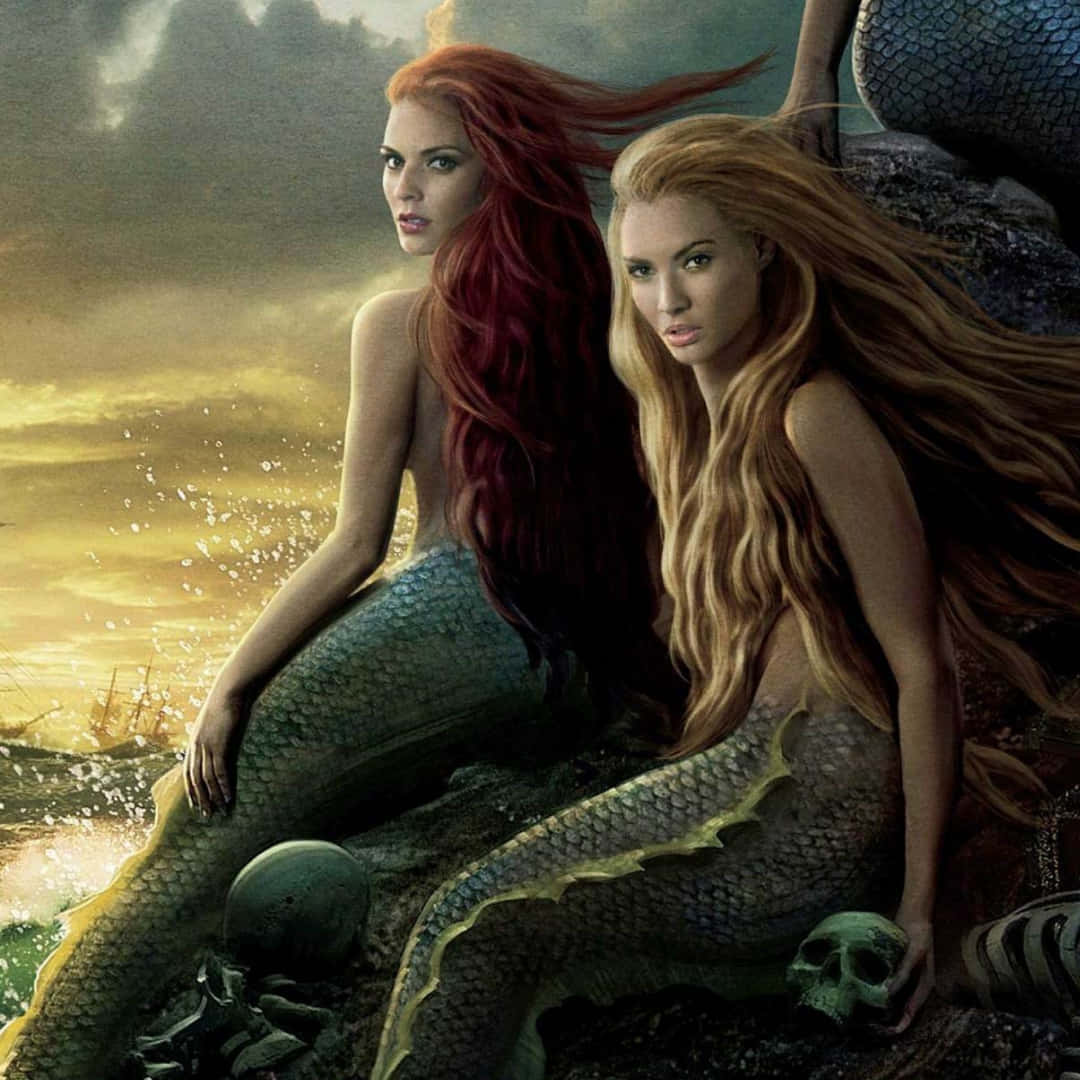 Real Life Mermaid 桌布 壁紙 — 兩個擁有飄逸紅髮和金髮的美人魚坐在日落時分的岩石海岸上，周圍環繞著頭骨和沉船殘骸。