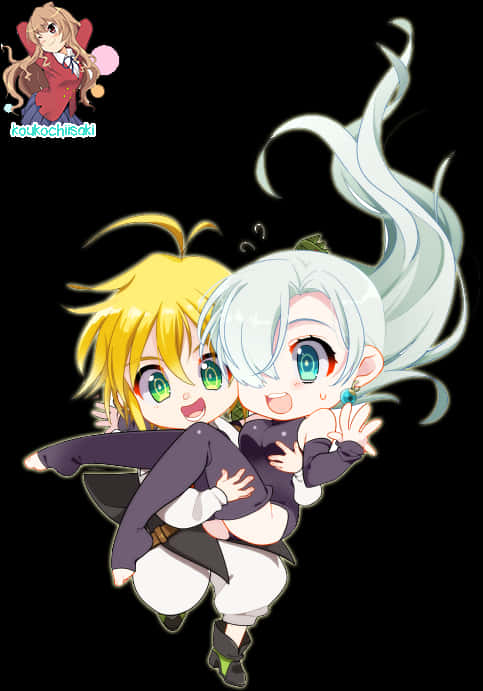 Meliodas 桌布 壁紙 — 兩個擁有鮮綠色眼睛的Q版動漫角色在黑色背景前快樂地擁抱。