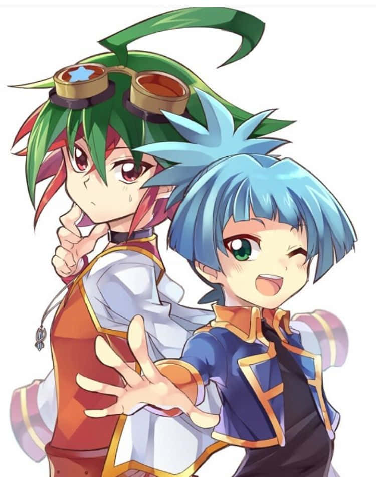 Sora Shiunin 桌布 壁紙 — 兩個擁有鮮豔綠色和藍色頭髮的動漫角色在純白背景前開心地擺姿勢。