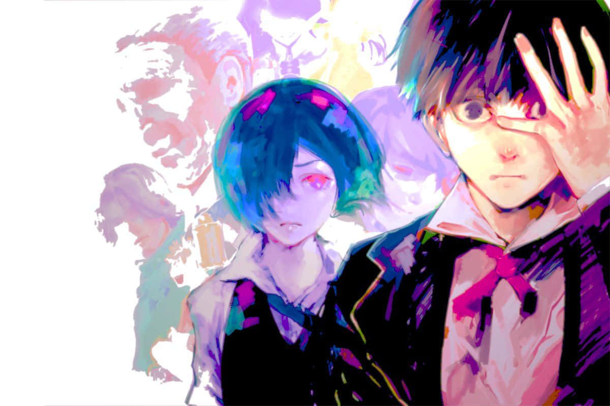Sui Ishida 桌布 壁紙 — 兩個擁有鮮豔霓虹髮色和發光眼睛的動漫角色，站在模糊面孔的鬼魅背景前。