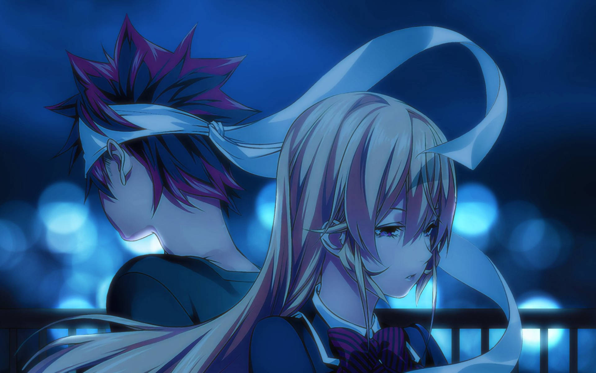 food wars shokugeki no soma 桌布 壁紙 — 兩個擁有鮮豔頭髮的動漫角色，在閃爍著散景燈光的藍色夜空下並肩而坐。