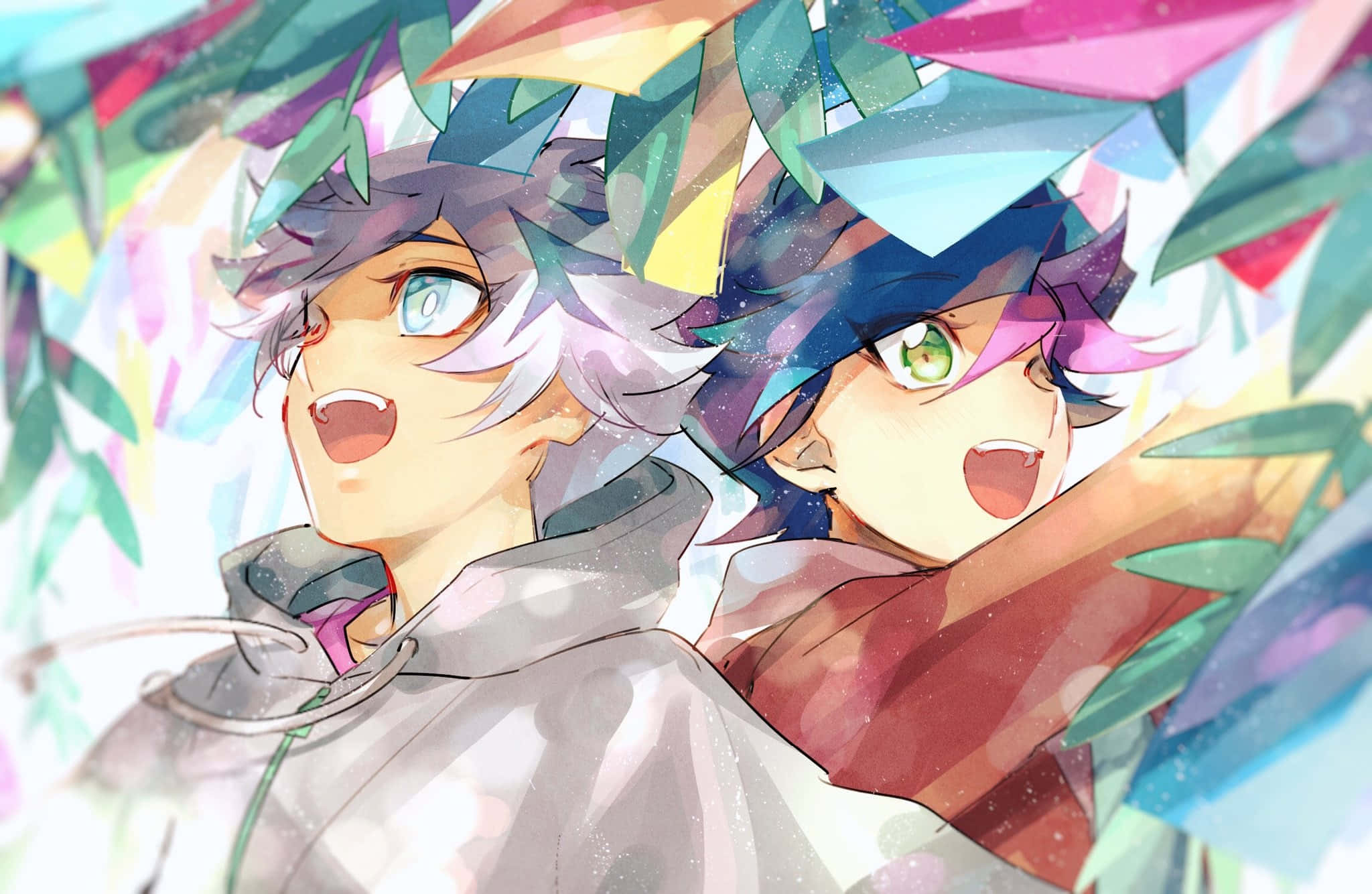 Ryoken Kogami 桌布 壁紙 — 兩個擁有鮮豔髮色和富有表現力眼睛的動漫角色，在色彩繽紛的水晶般葉片瀑布中快樂地微笑。
