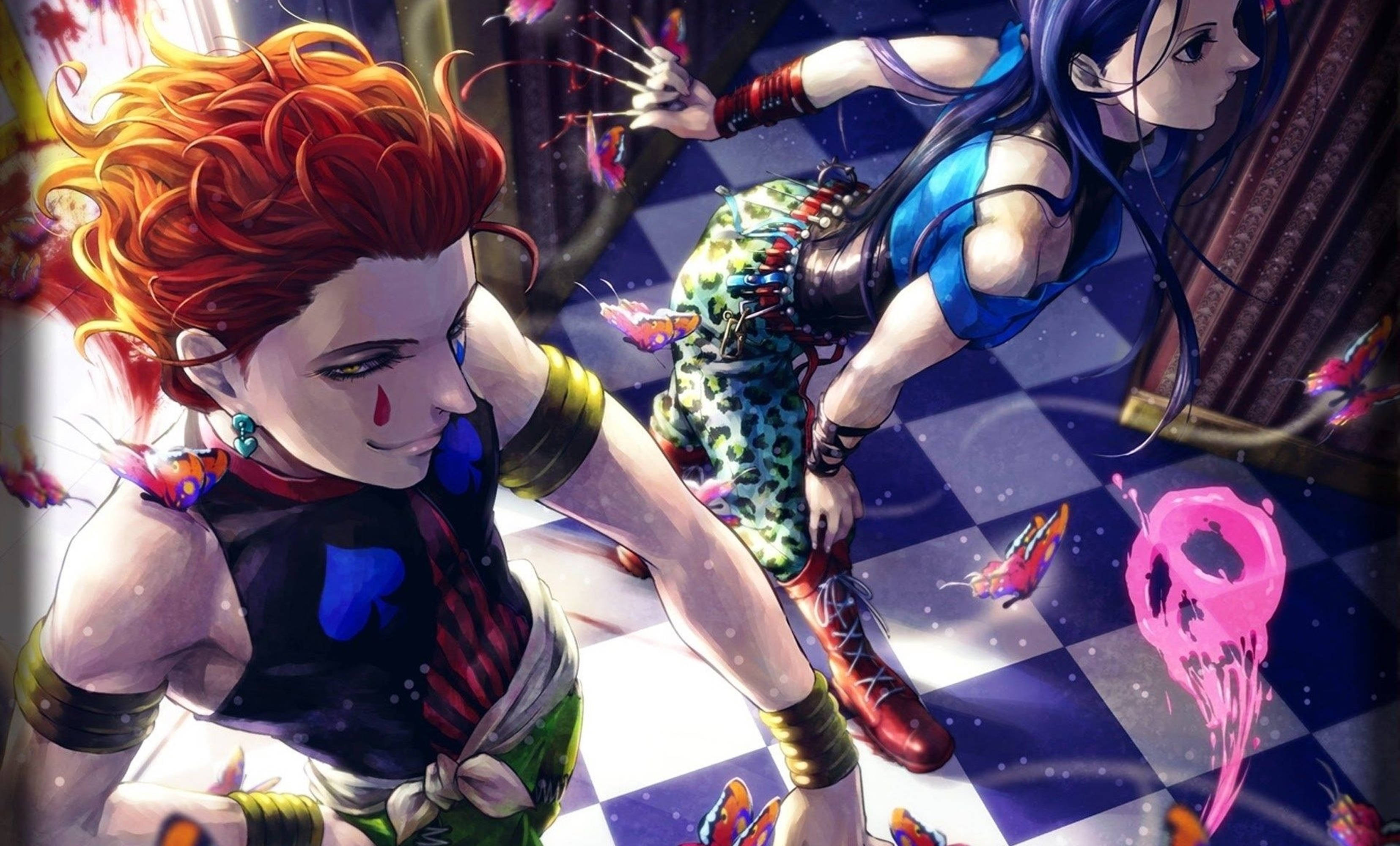 Hunter X Hunter 4K 桌布 壁紙 — 兩個擁有鮮豔髮色的動漫角色在棋盤格地板上碰撞，周圍有飄浮的蝴蝶和一個粉紅色頭骨。