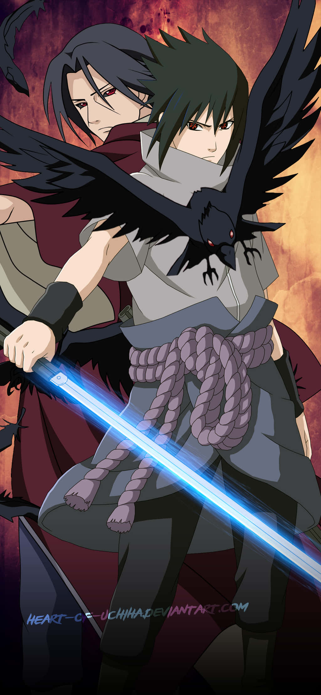 Uchiha iPhone 桌布 壁紙 — 兩個擁有黑色翅膀和紅色眼睛的動漫角色，手持發光的藍色劍，站在火熱的橙色背景前。
